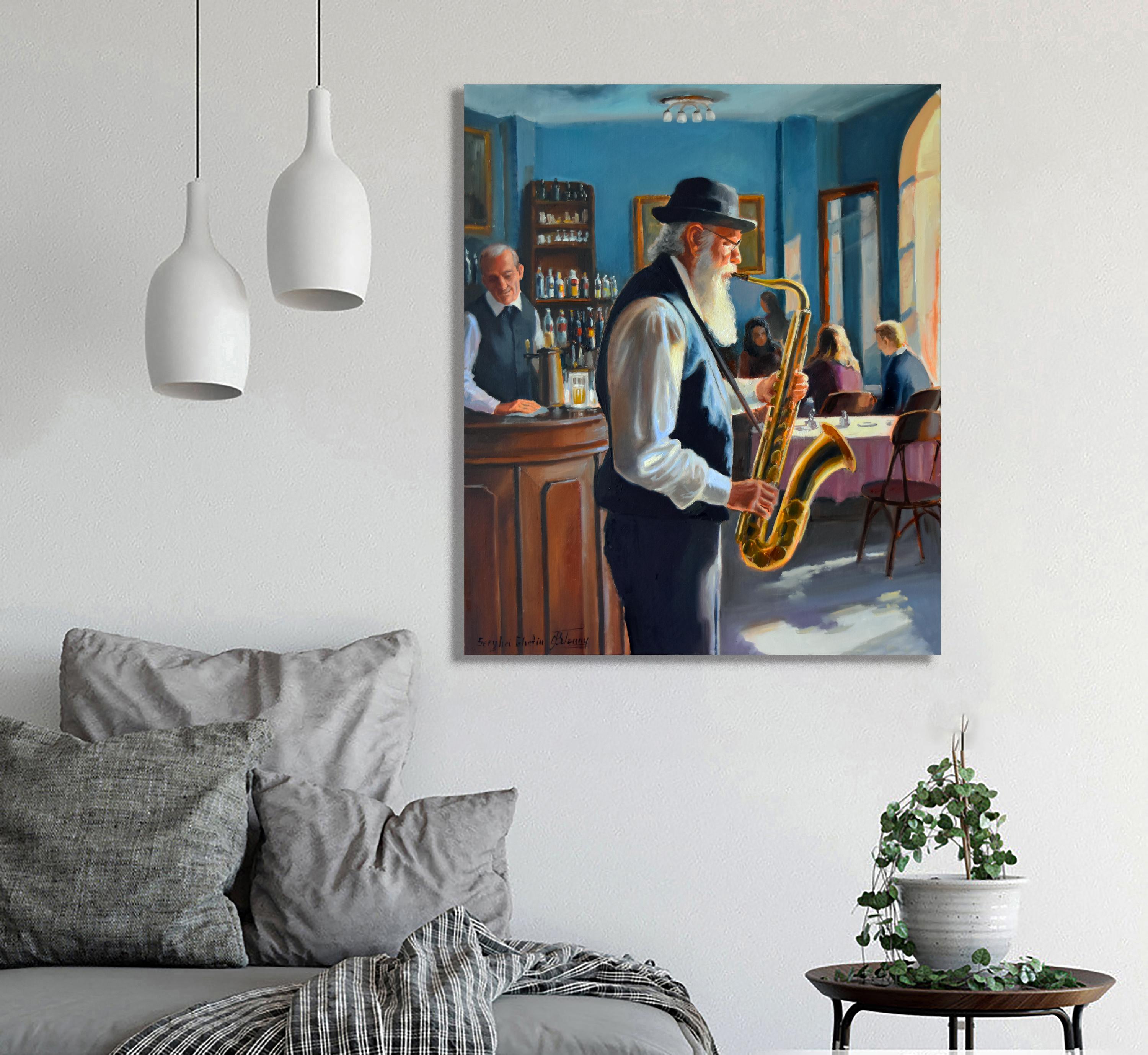 Le saxophoniste âgé - Painting de Serghei Ghetiu