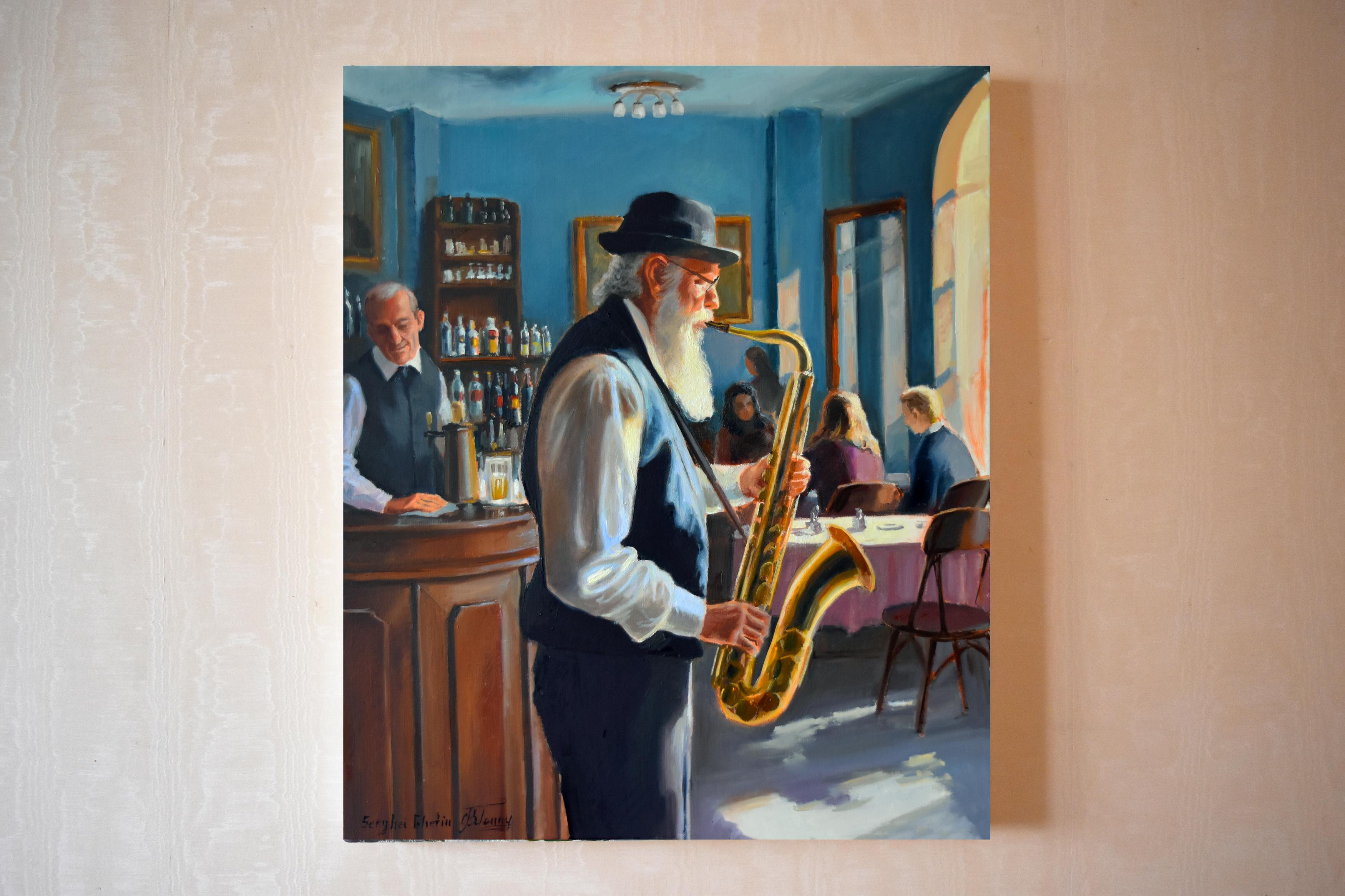Le saxophoniste âgé - Réalisme Painting par Serghei Ghetiu