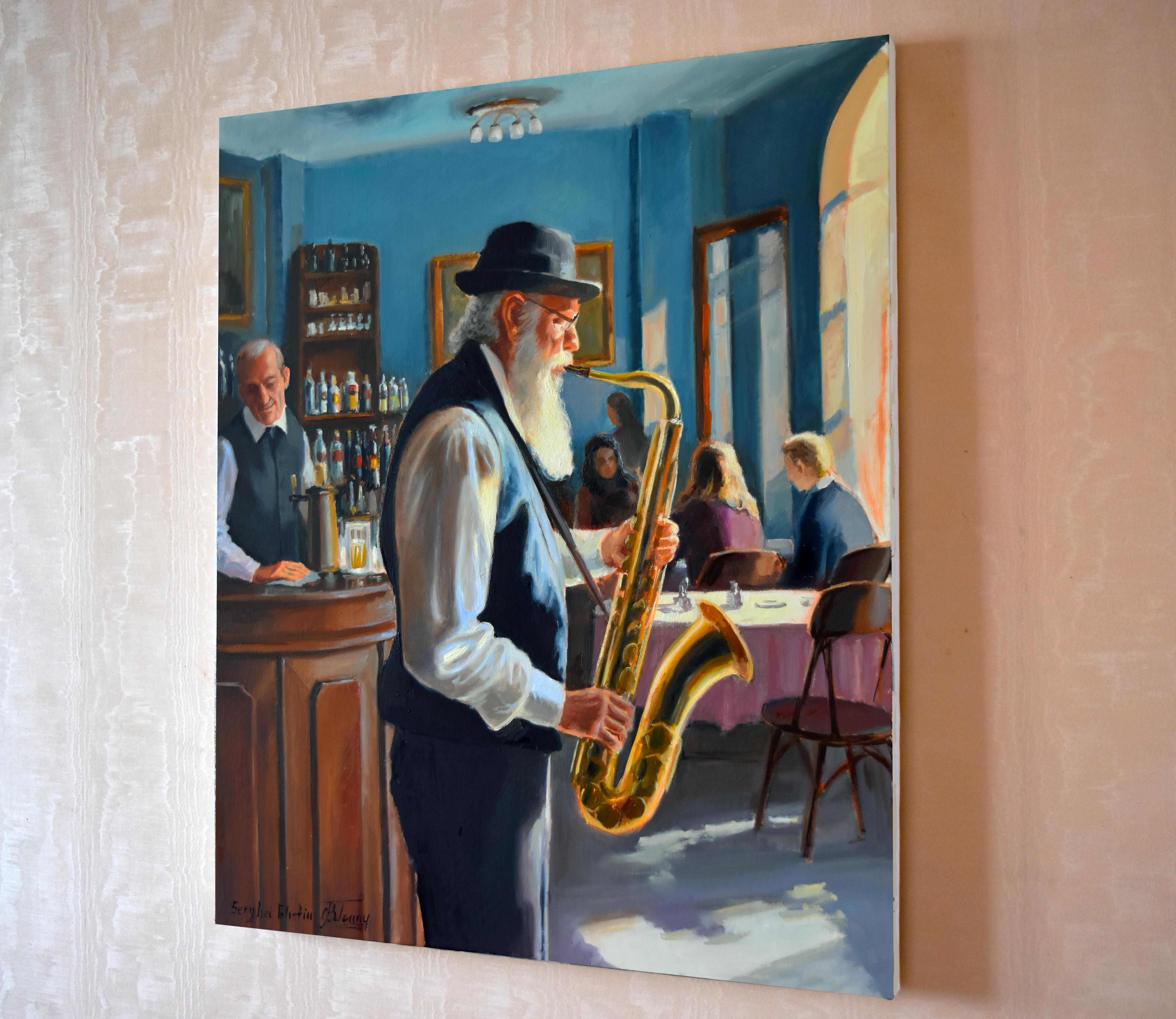 Le saxophoniste âgé - Noir Figurative Painting par Serghei Ghetiu