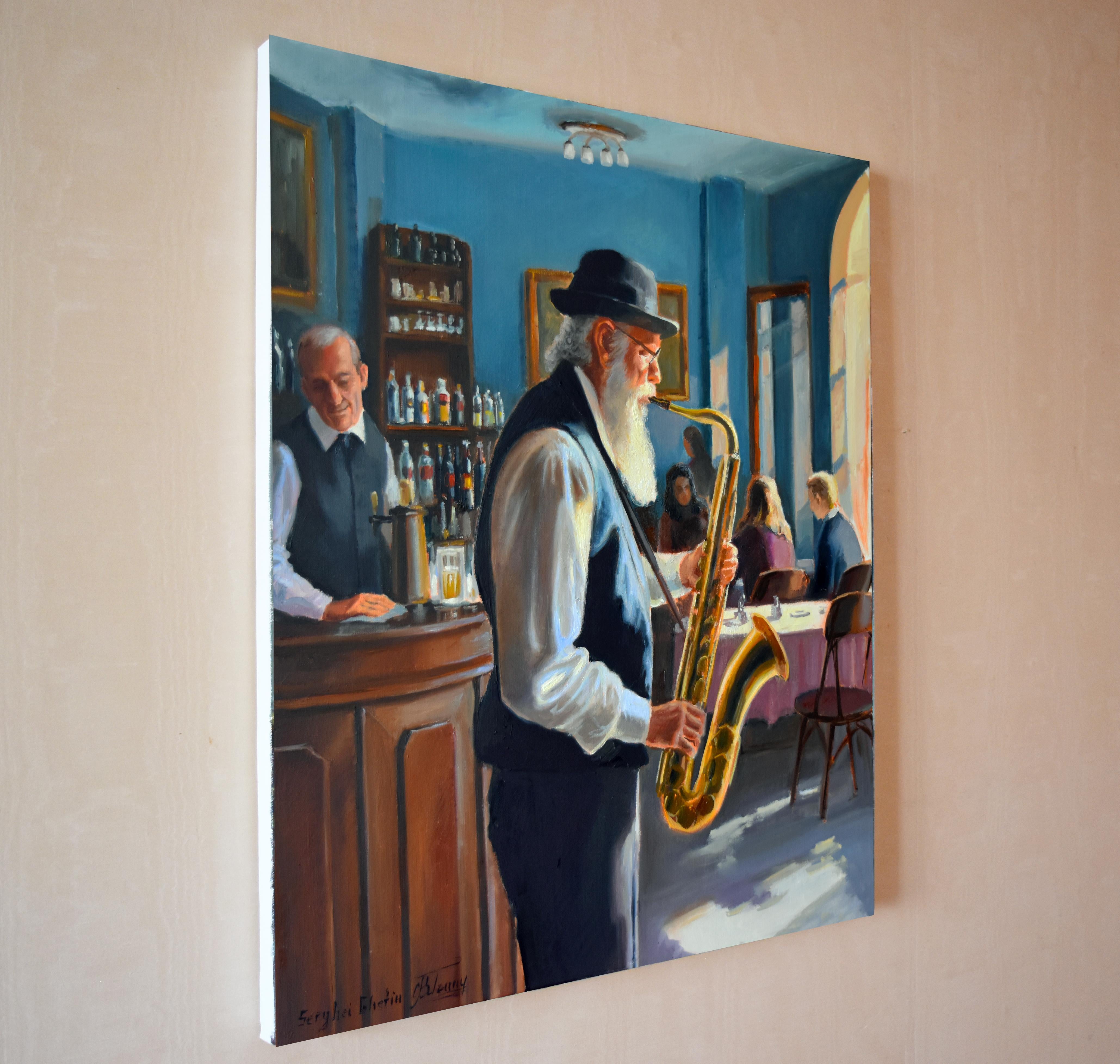 J'ai capturé un moment riche de nostalgie et d'âme - un saxophoniste âgé perdu dans sa musique, remplissant un café confortable de chaleur et de vie. En utilisant l'huile pour mélanger impressionnisme et réalisme, j'ai voulu célébrer la beauté de