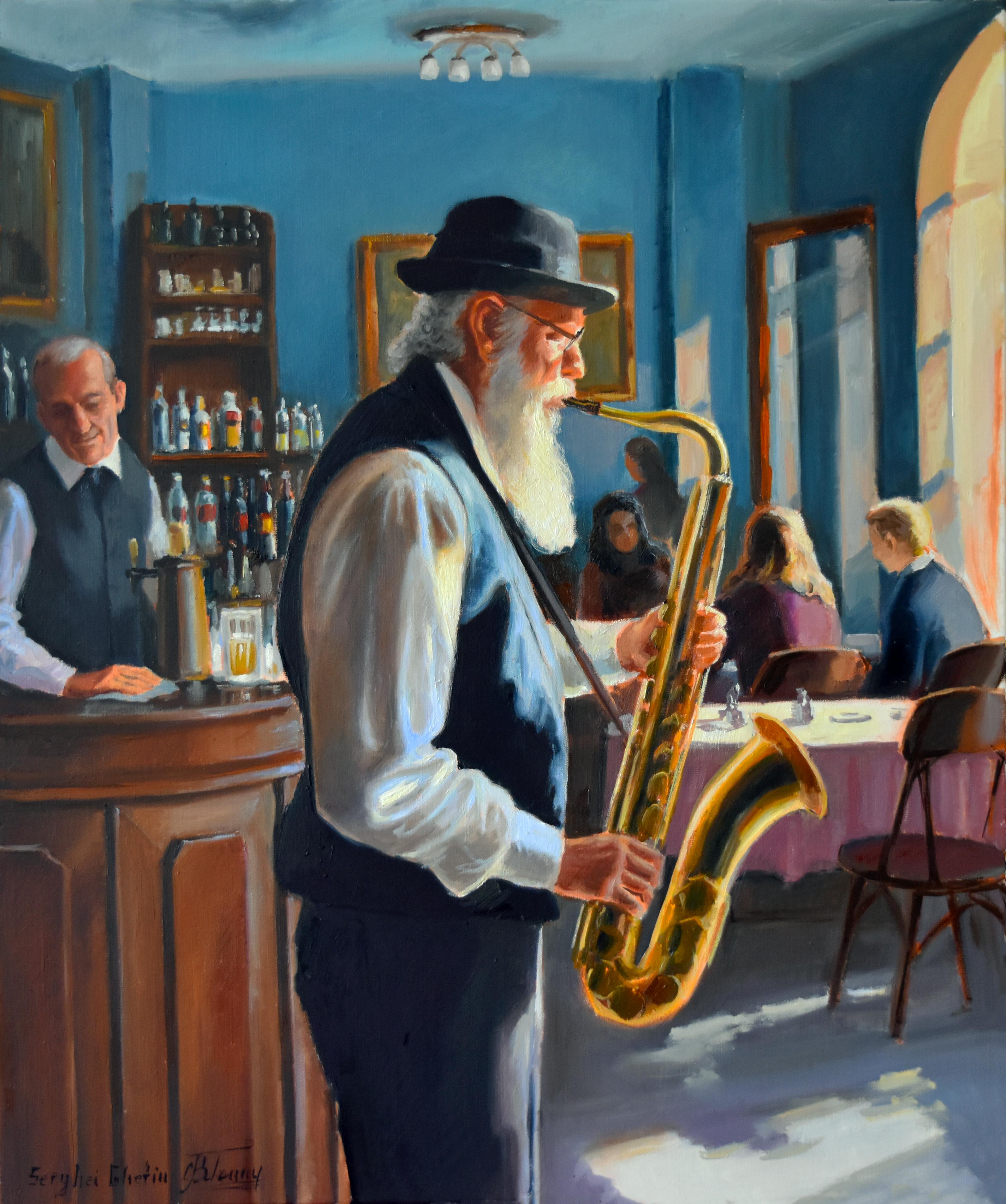 Figurative Painting Serghei Ghetiu - Le saxophoniste âgé
