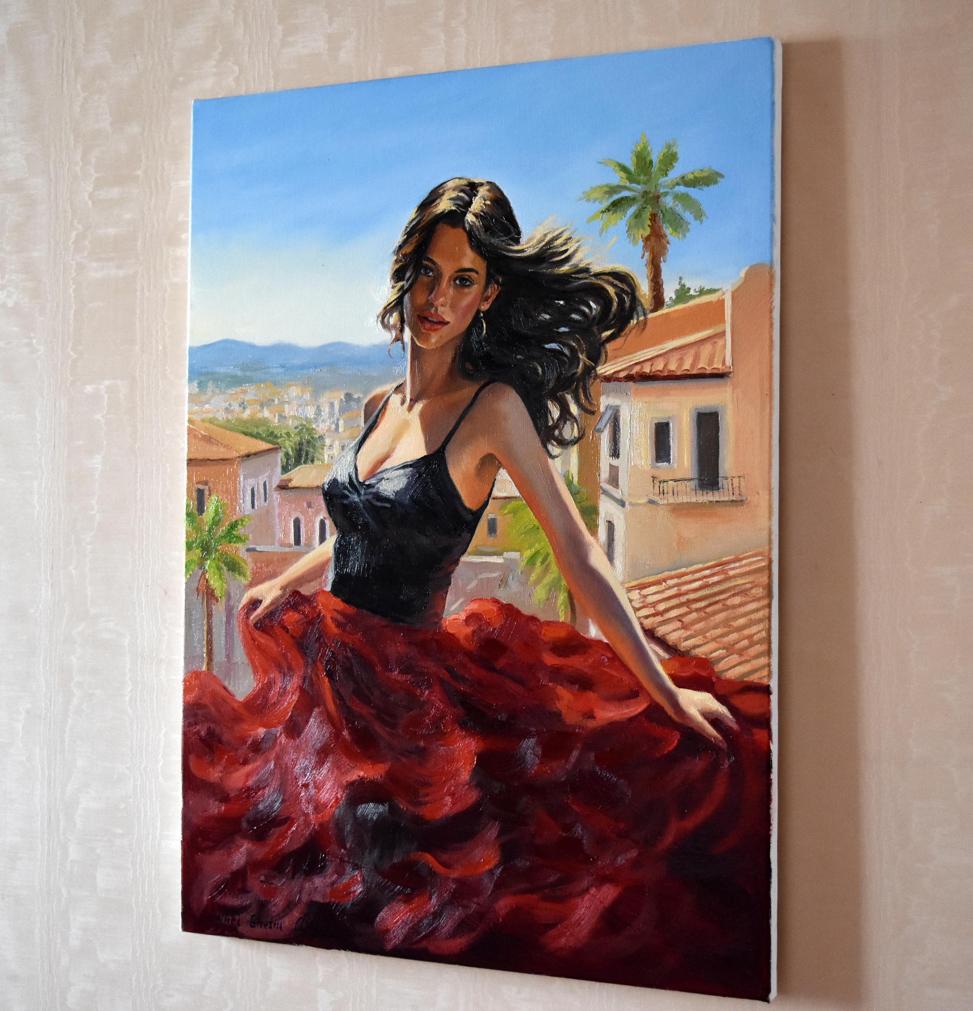Beautiful contrasting portrait of a woman in the move of Flamenco dance. Flamenco dance is a famous Spanish dance full of passion and love. High quality oil paints on linen canvas.