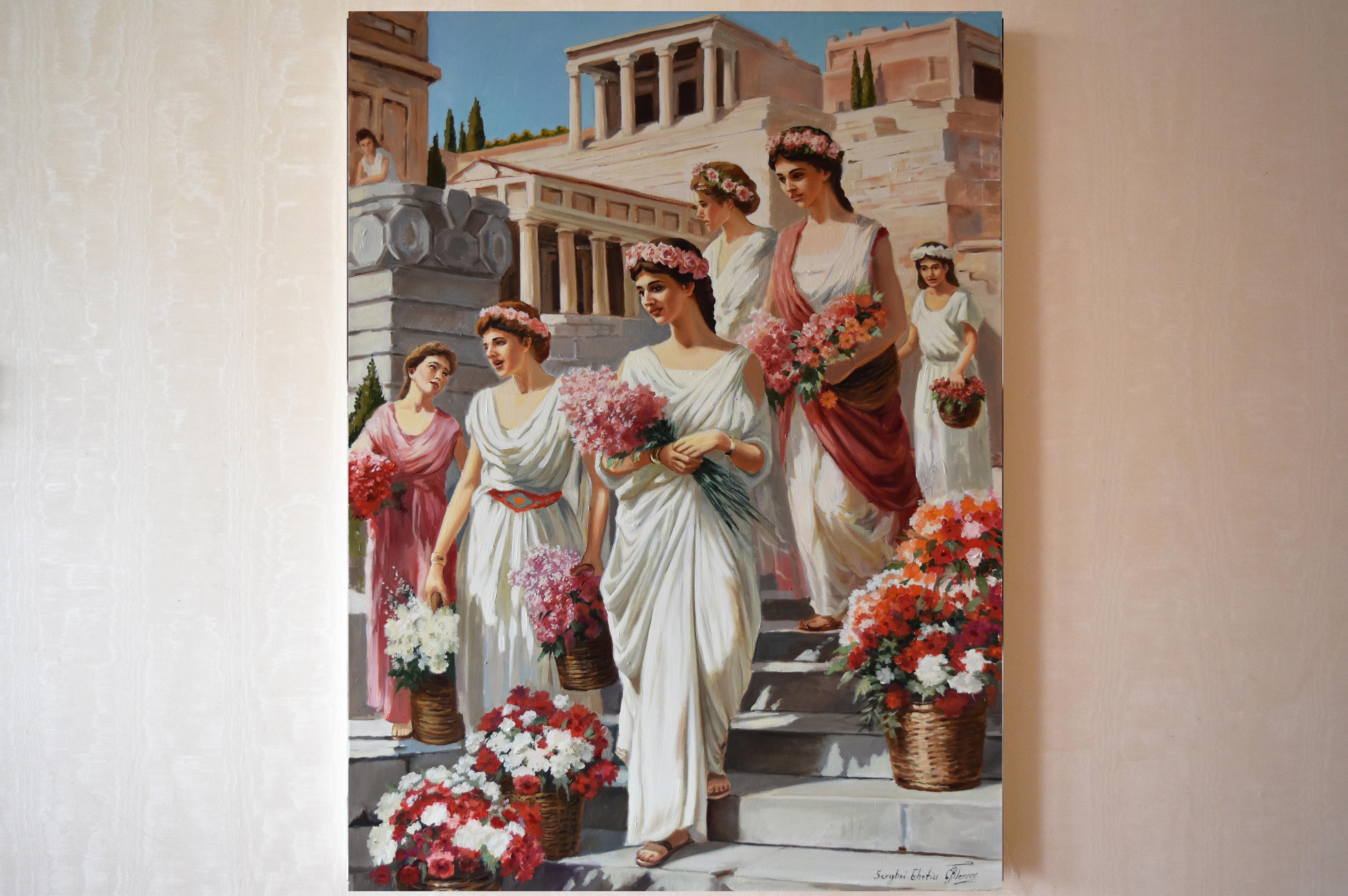 Les vendeurs de fleurs de la Rome antique - Réalisme Painting par Serghei Ghetiu