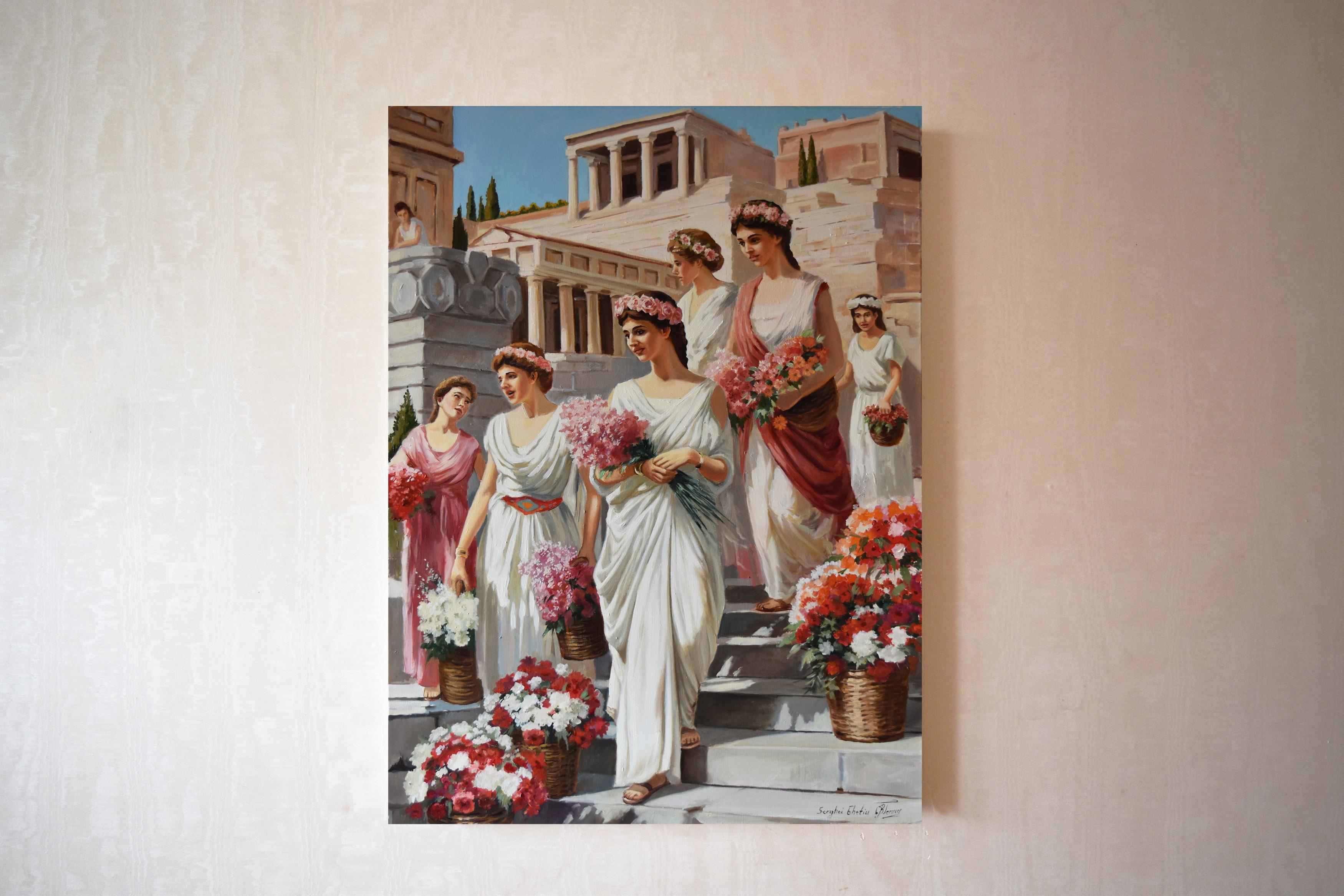 Les vendeurs de fleurs de la Rome antique - Marron Figurative Painting par Serghei Ghetiu