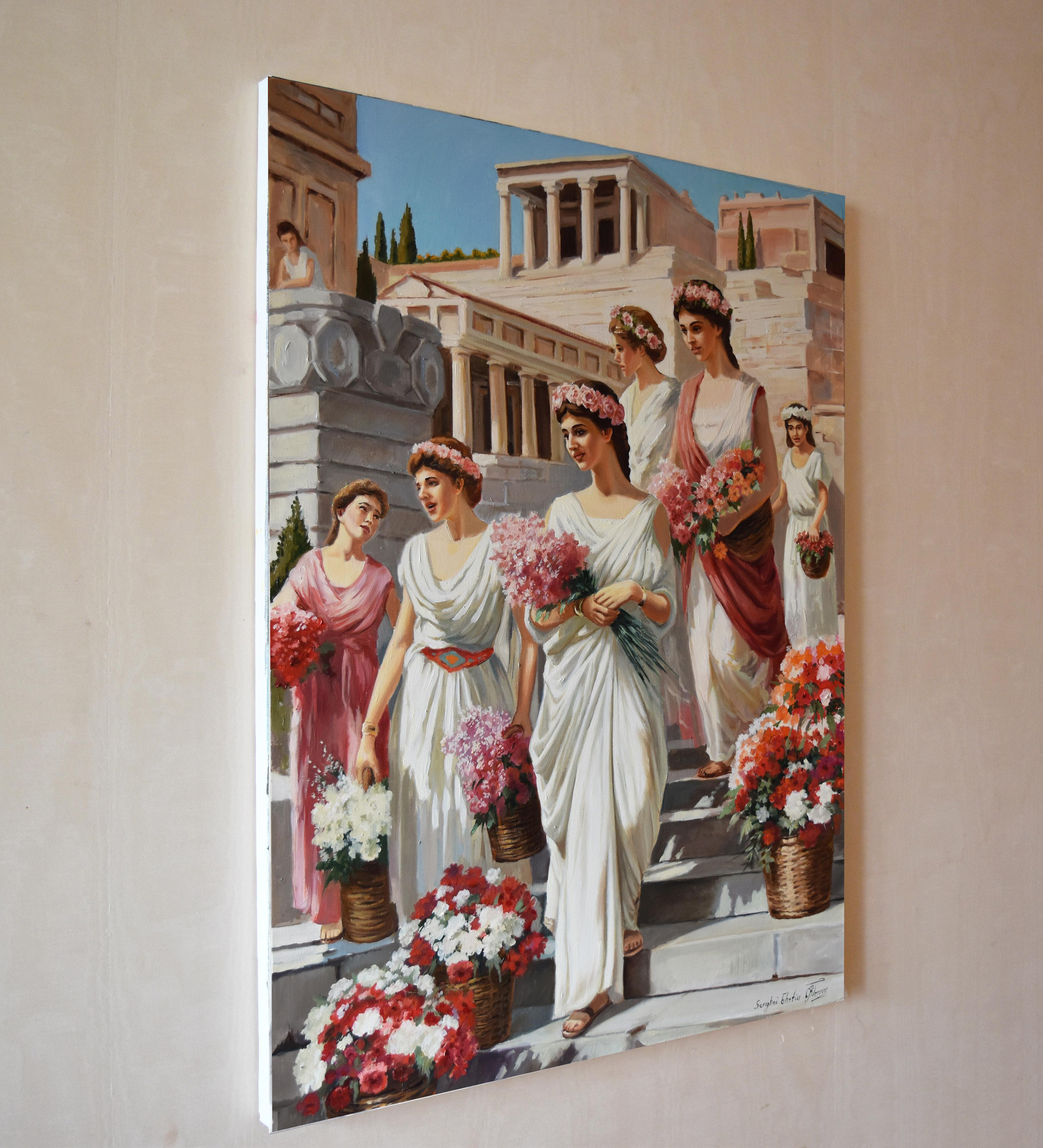 Dans cette peinture, j'ai capturé l'esprit vibrant et la grâce des vendeurs de fleurs dans la Rome antique. À l'huile, j'ai mêlé réalisme et touches impressionnistes pour donner vie à leur joyeuse énergie. Leurs robes fluides et leurs fleurs