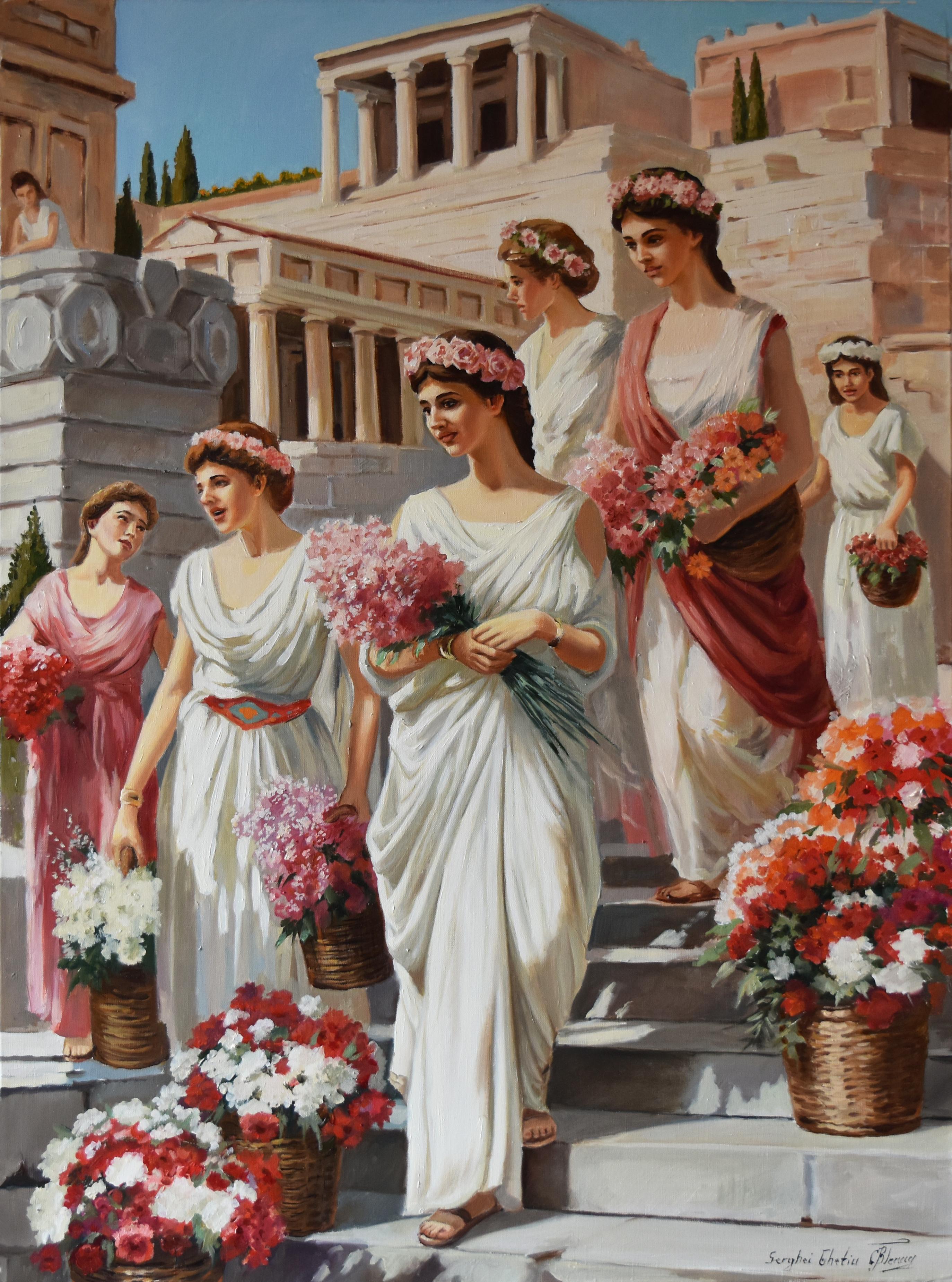 Figurative Painting Serghei Ghetiu - Les vendeurs de fleurs de la Rome antique