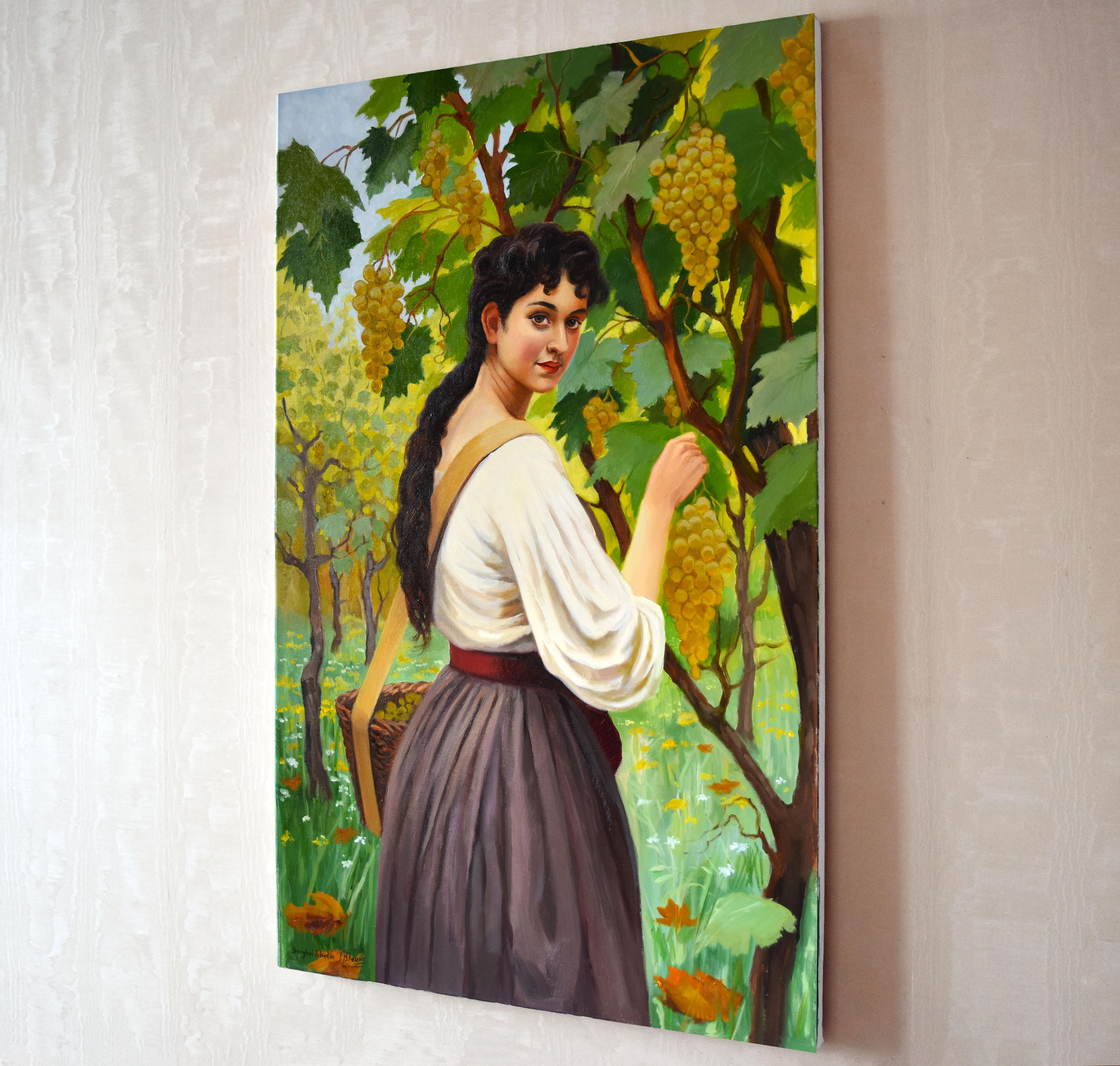 Classical portrait of a woman harvesting grapes. In this oil painting, I captured the serene essence of nature and the simple elegance of human connection with the earth. 

The central figure, enveloped by the lush, vibrant vineyard, symbolizes