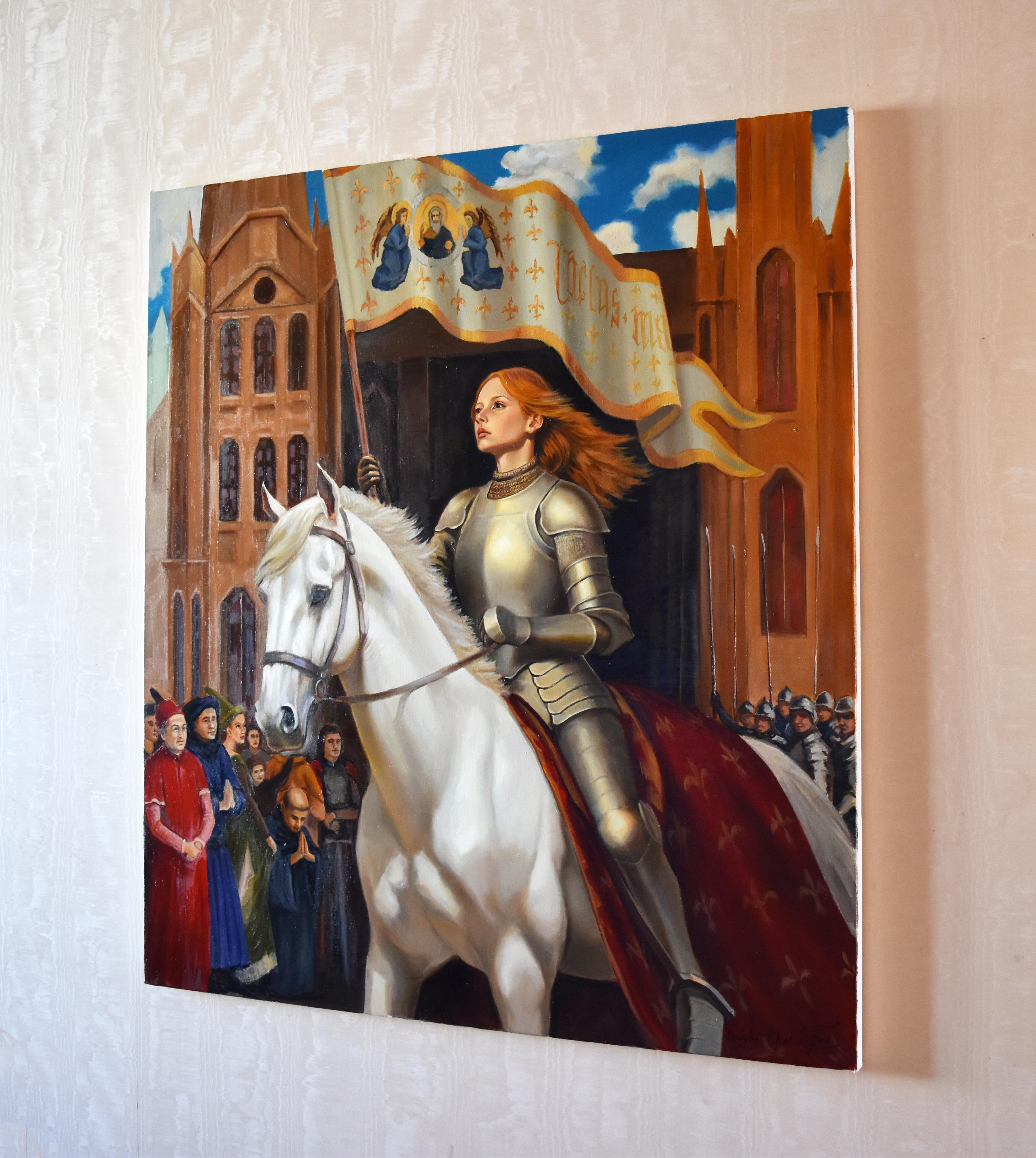 In questo dipinto a olio ho voluto catturare un momento di pura determinazione e di leadership ispirata. La figura centrale, a cavallo di un regale cavallo bianco, simboleggia forza e coraggio. Con lo sguardo rivolto in avanti, guida non solo con il