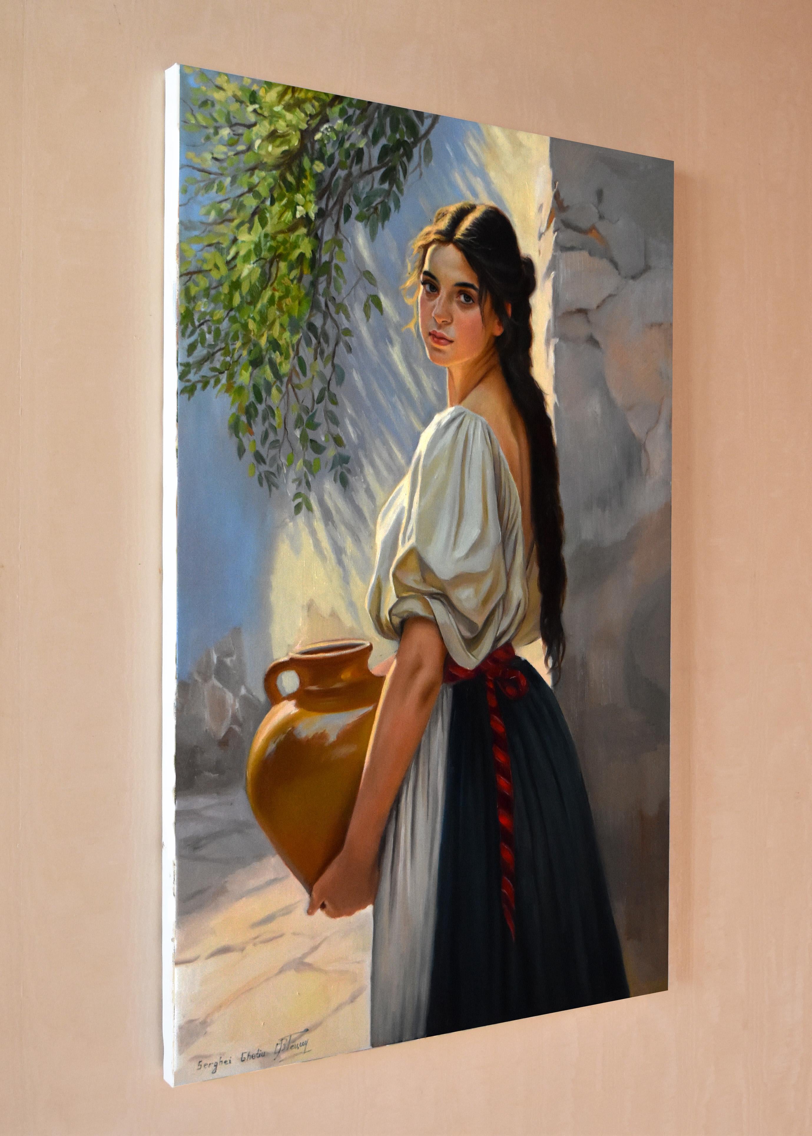 In this oil painting, I've poured my soul into capturing the timeless grace of a moment steeped in sunlight and shadows. Her gaze, a silent conversation with the viewer, is filled with stories untold. This piece, rich with emotion and crafted with