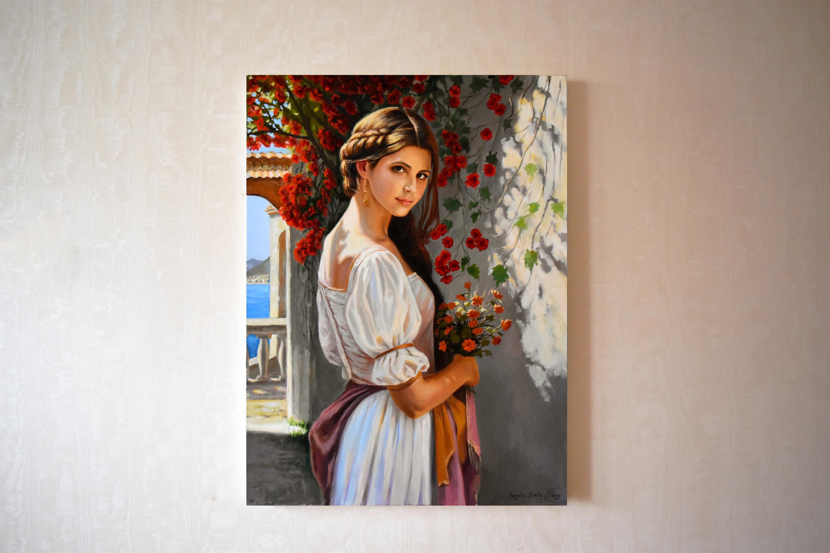 In creating this artwork, I envisioned a serene moment captured under the Mediterranean sun. The young woman, clothed in traditional attire, symbolizes timeless grace and the profound connection between humans and nature. I selected oils to richly