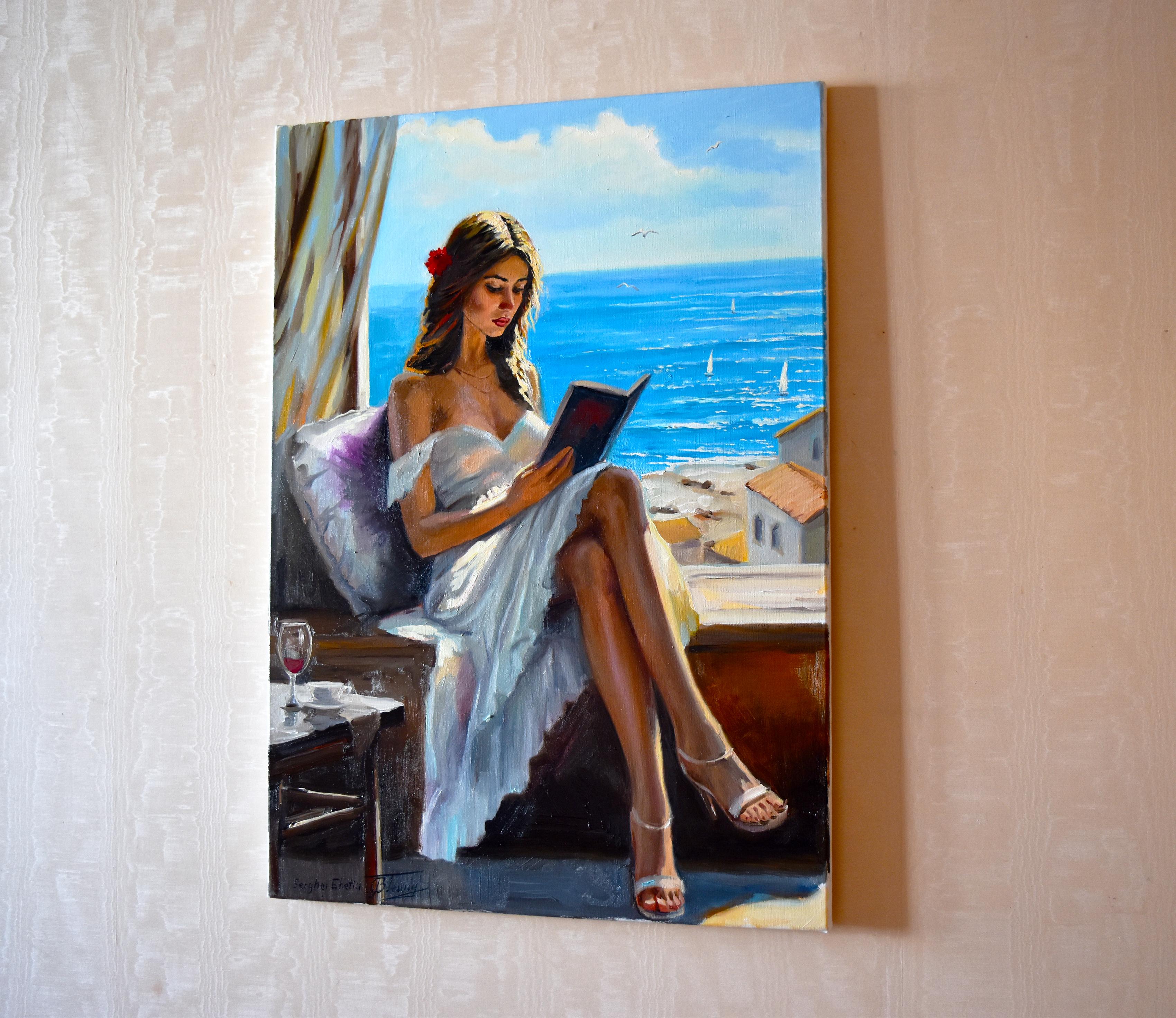 In questo dipinto a olio ho cercato di catturare un momento di serenità mediterranea, illustrando una donna assorta nel suo libro, immersa nella luce del sole. Lo sfondo tremolante del mare e le tende ventilate evocano un senso di fuga pacifica.