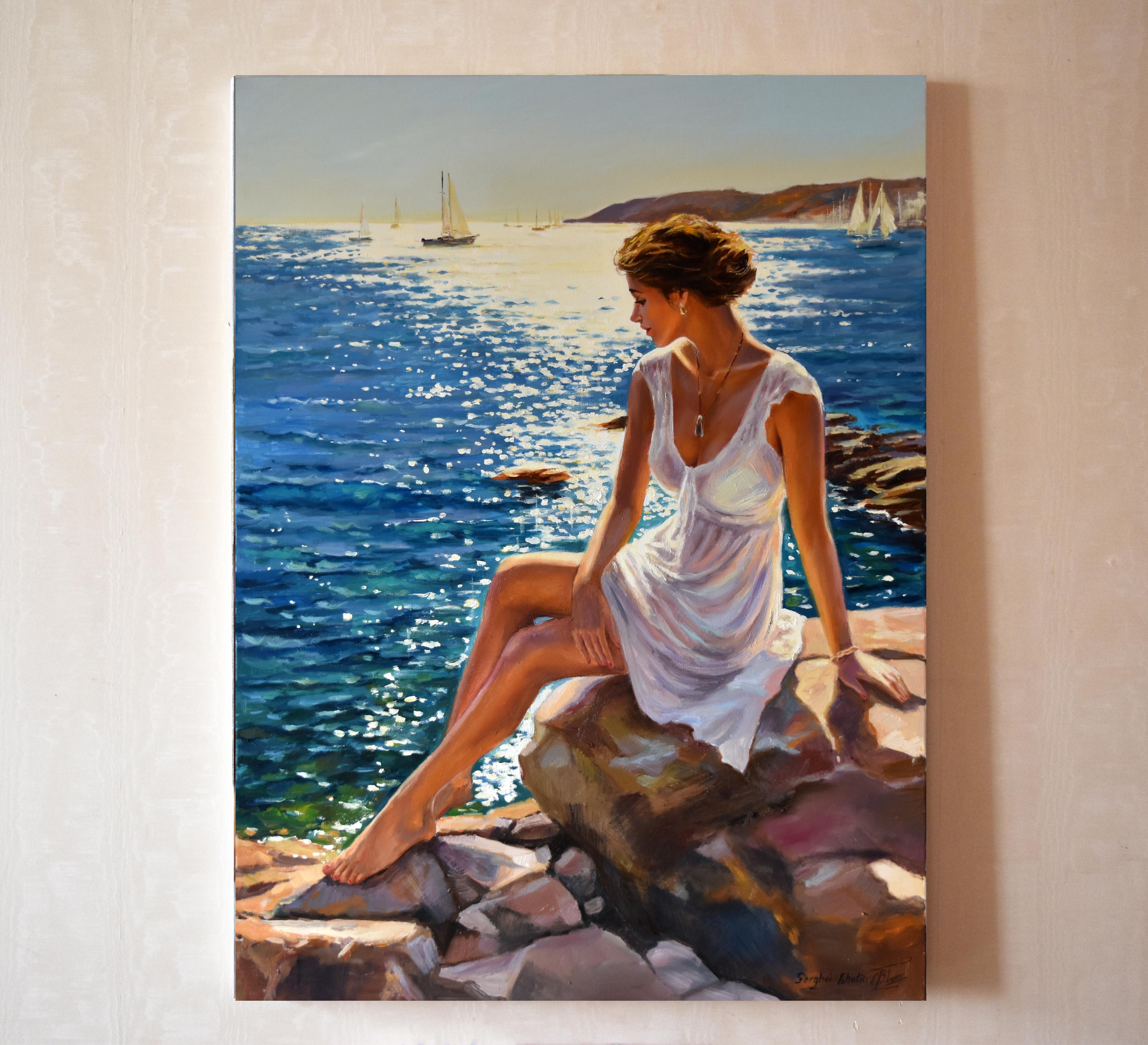 In diesem Ölgemälde habe ich die heitere Wärme eines mediterranen Mittags eingefangen und Impressionismus mit Realismus vermischt, um das schimmernde Wasser und das sanfte Sonnenlicht zum Leben zu erwecken. Die ruhige Pose der Frau lädt dazu ein,