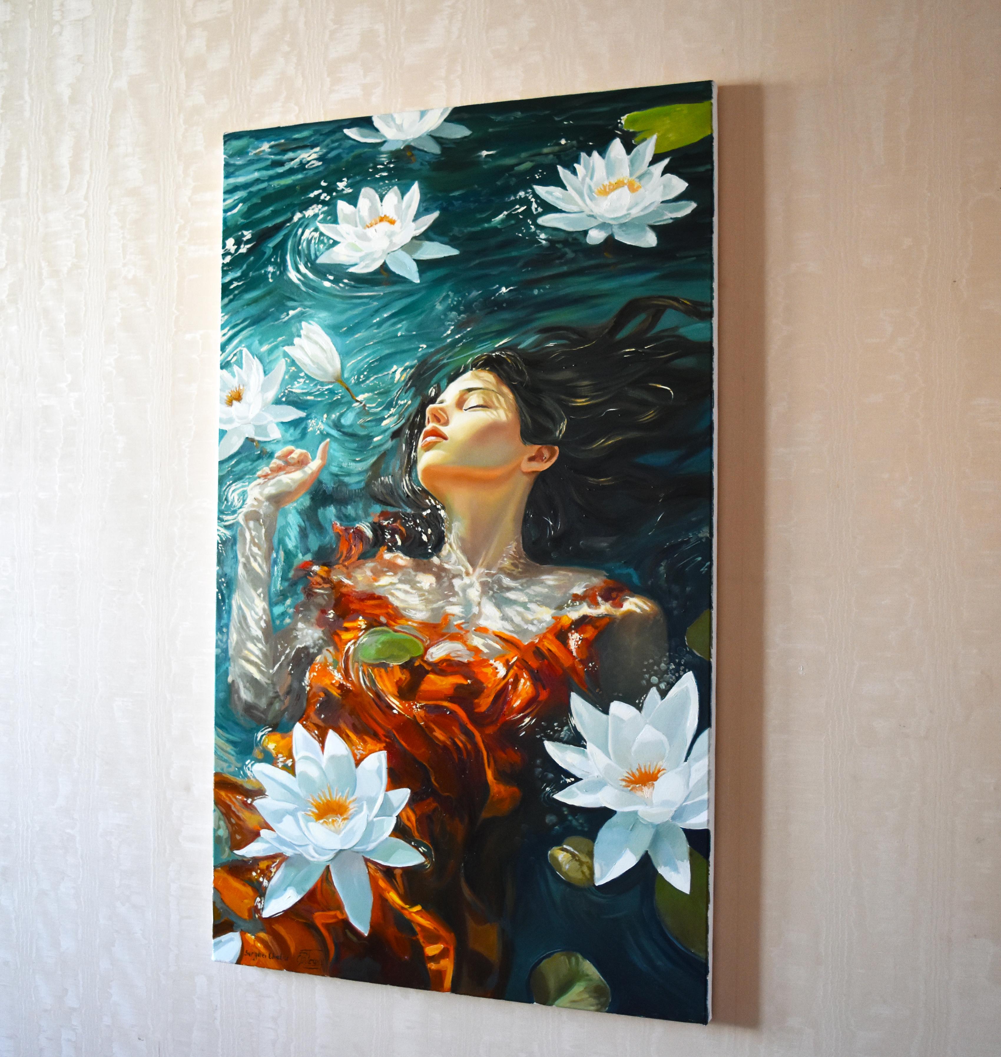 Nel creare questo pezzo, sono stato spinto dall'incantevole interazione tra la natura e le emozioni umane. La fluidità dell'acqua e la dolce carezza dei fiori di loto si riflettono nella sua espressione pacifica. Attraverso le mie pennellate, ho