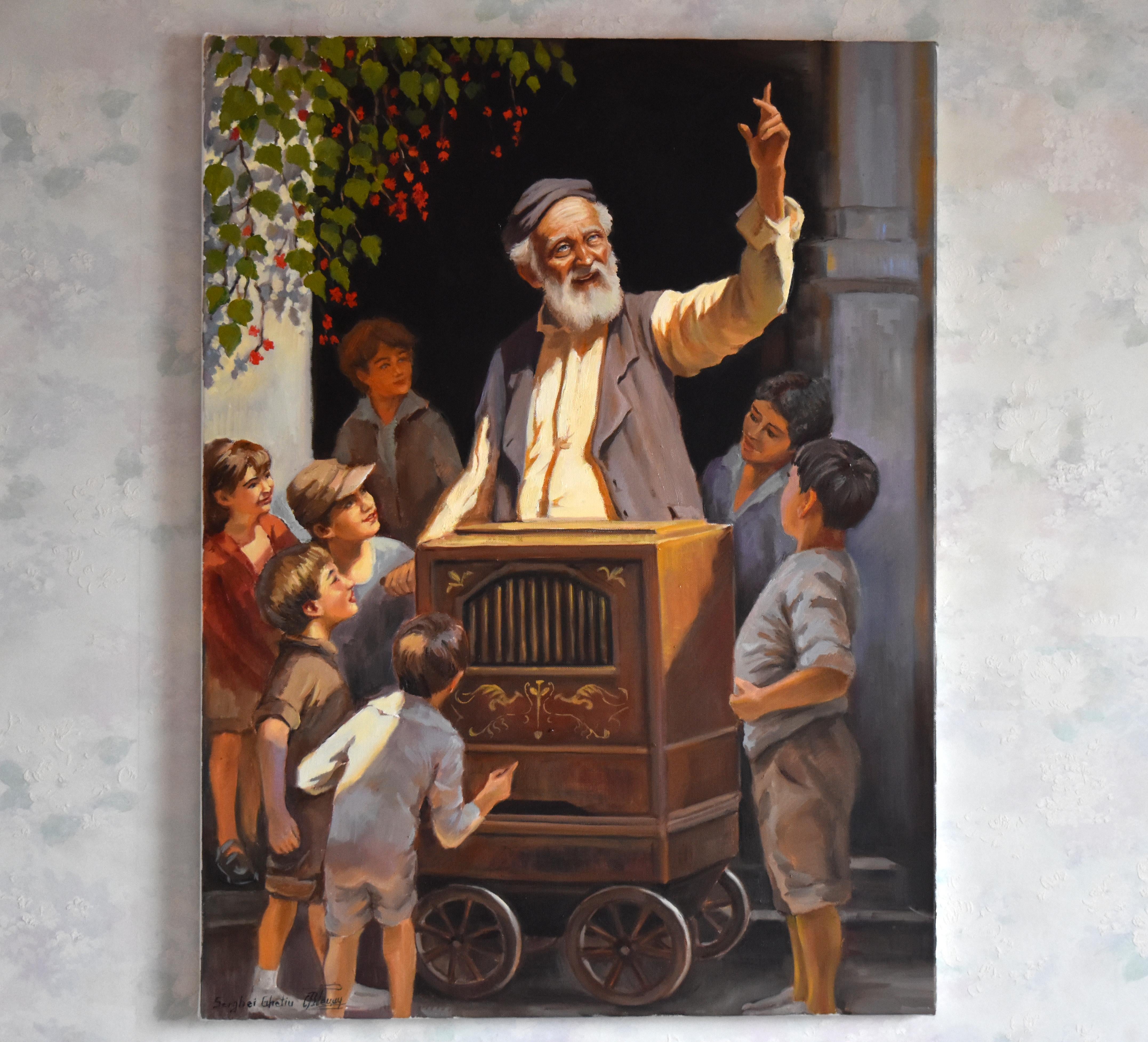 The old organ grinder and his friends - Painting by Serghei Ghetiu