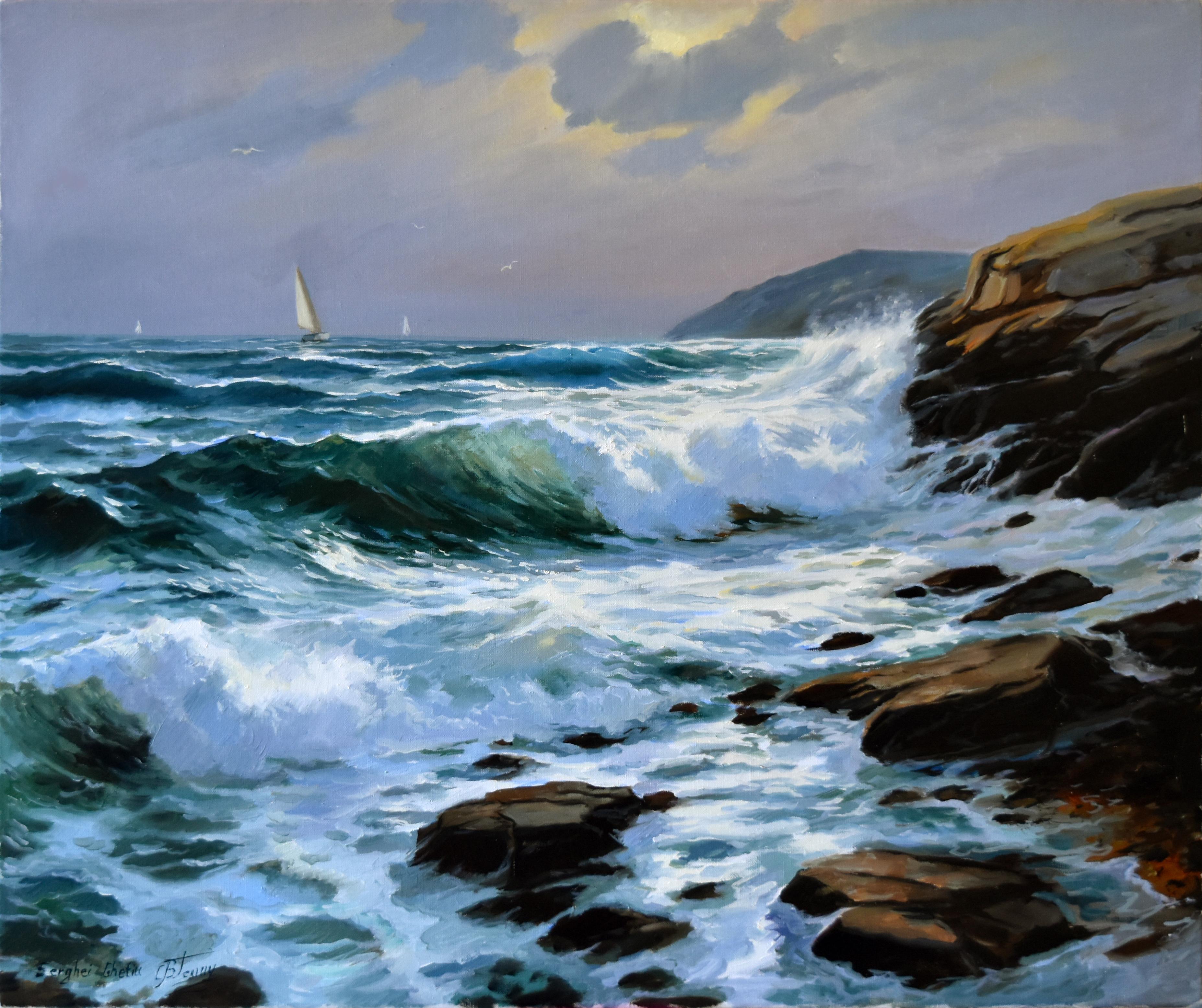 Il mare d'argento - Landscape Painting Blu di Serghei Ghetiu