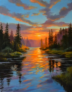 La puesta de sol en el bosque