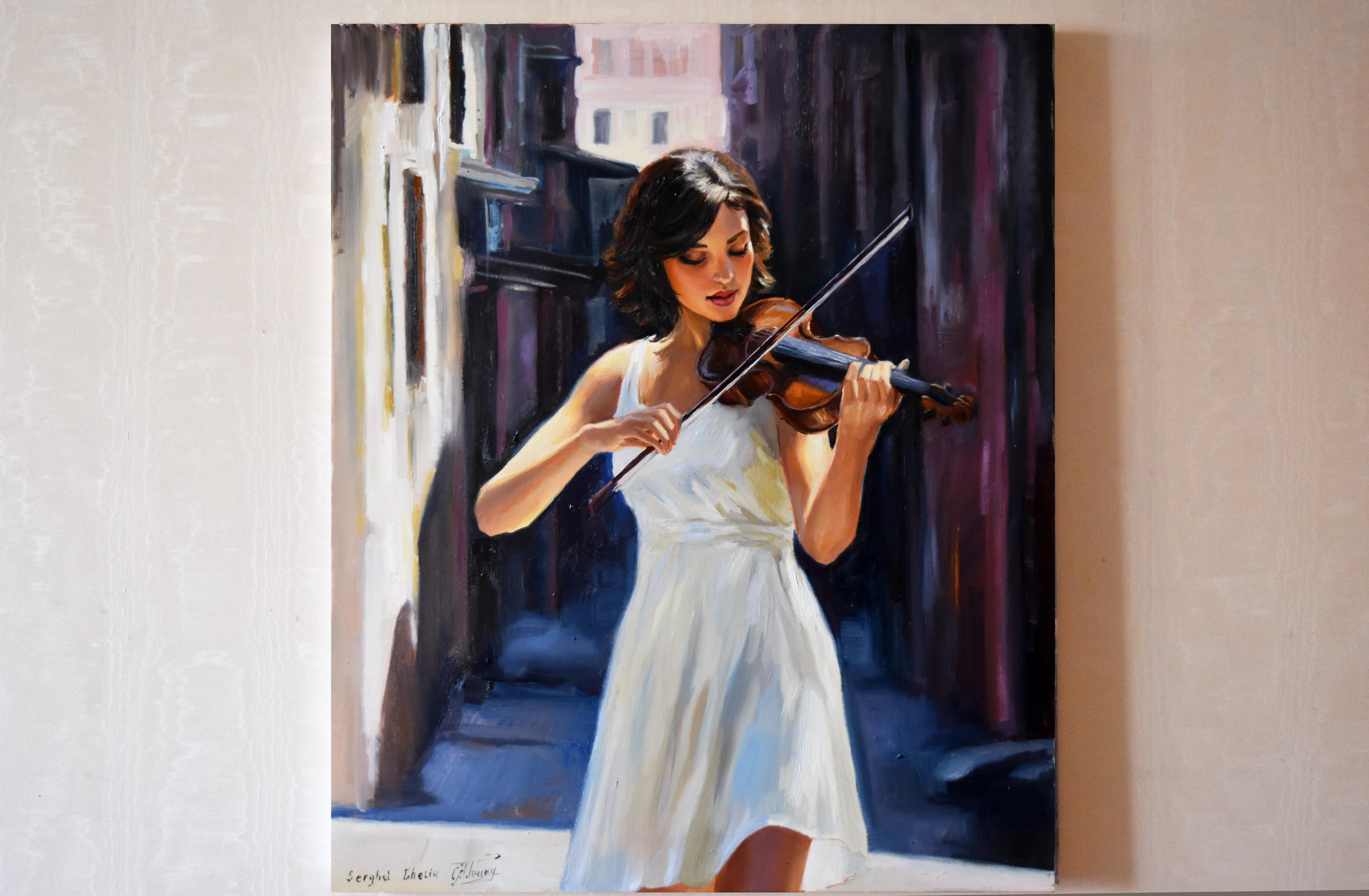The violin player - Black Figurative Painting by Serghei Ghetiu