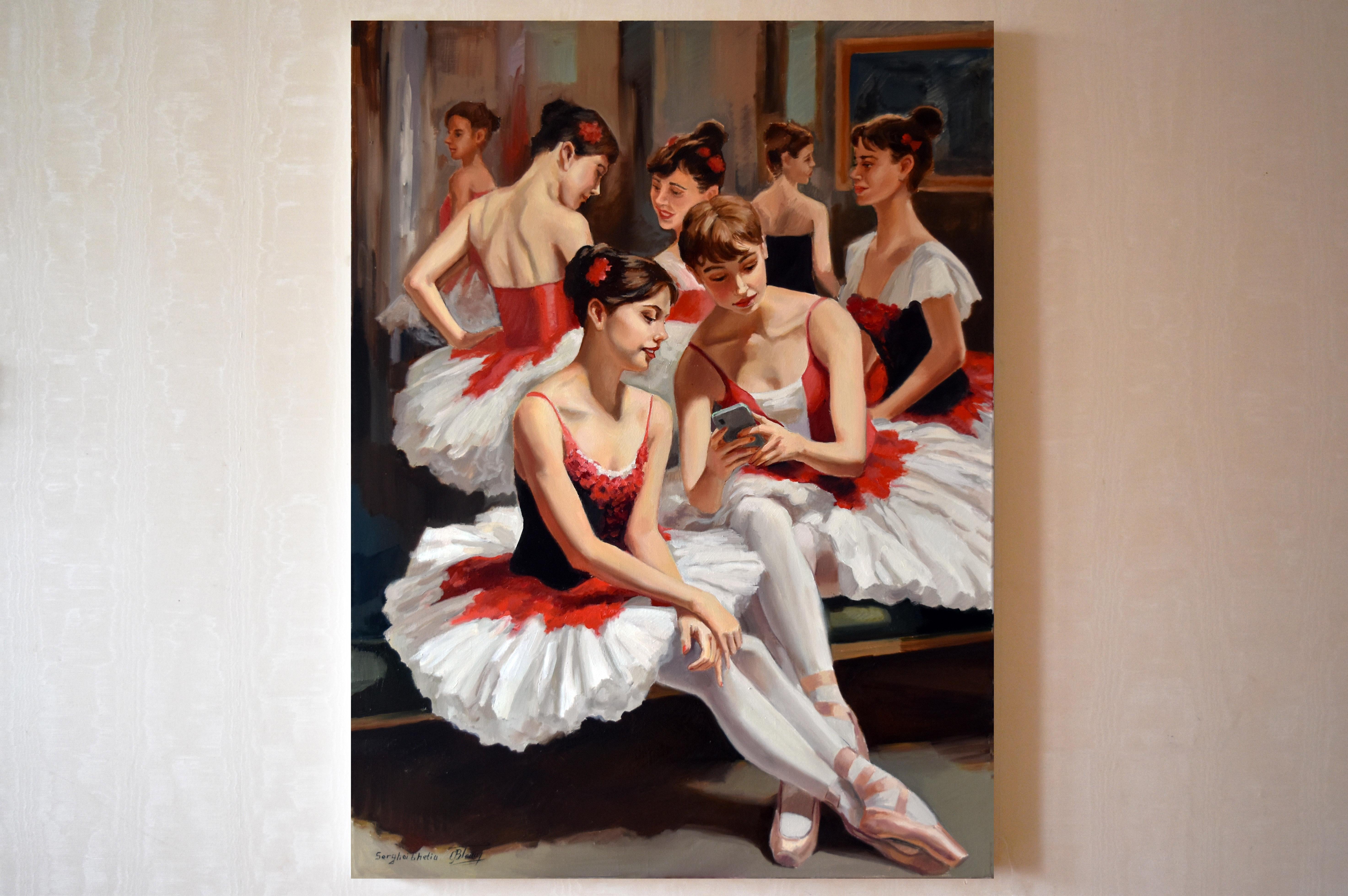 Pensando en Degas: Durante el descanso en la escuela de ballet - Painting Realista de Serghei Ghetiu