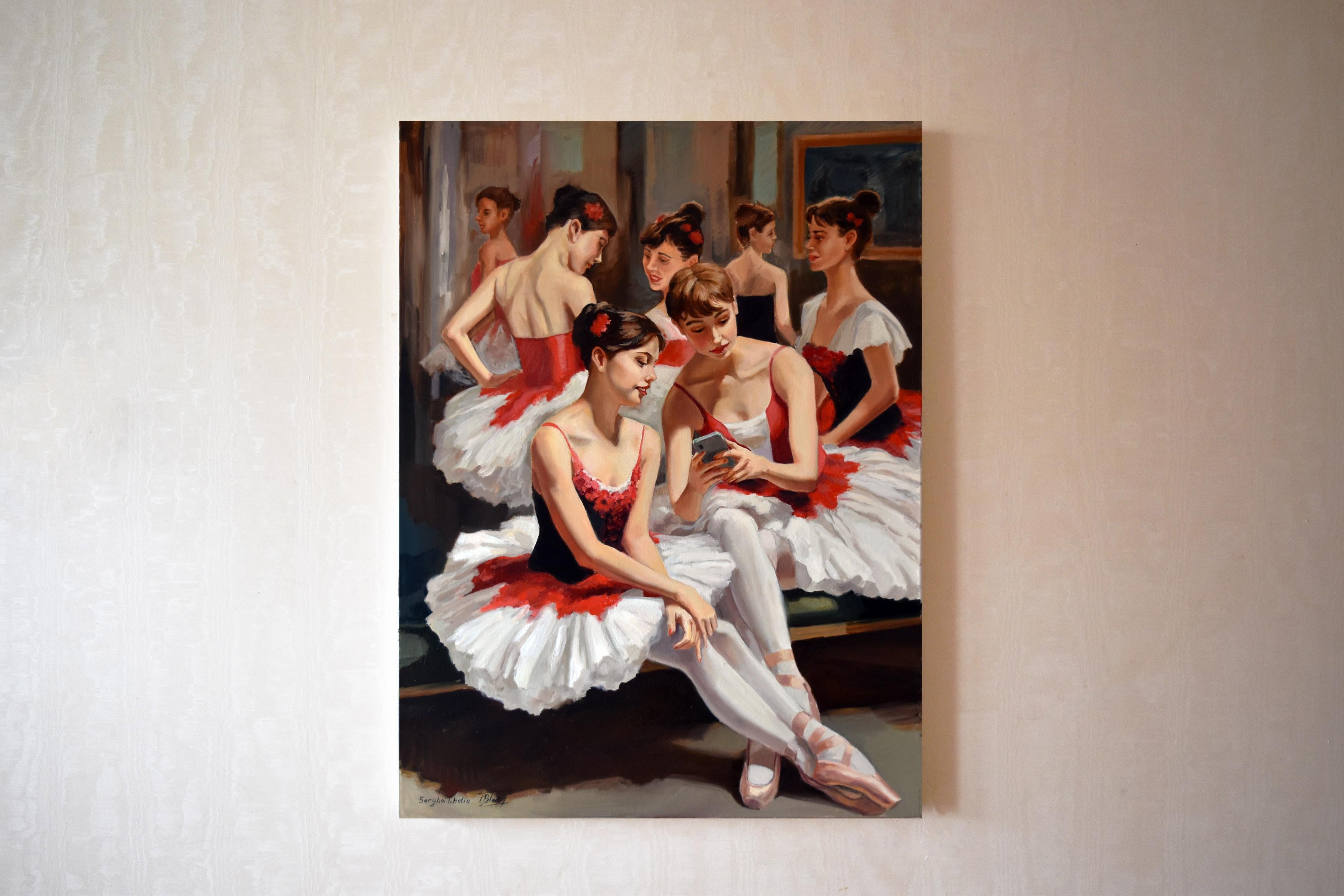 Pensando en Degas: Durante el descanso en la escuela de ballet - Figurative Painting Negro de Serghei Ghetiu