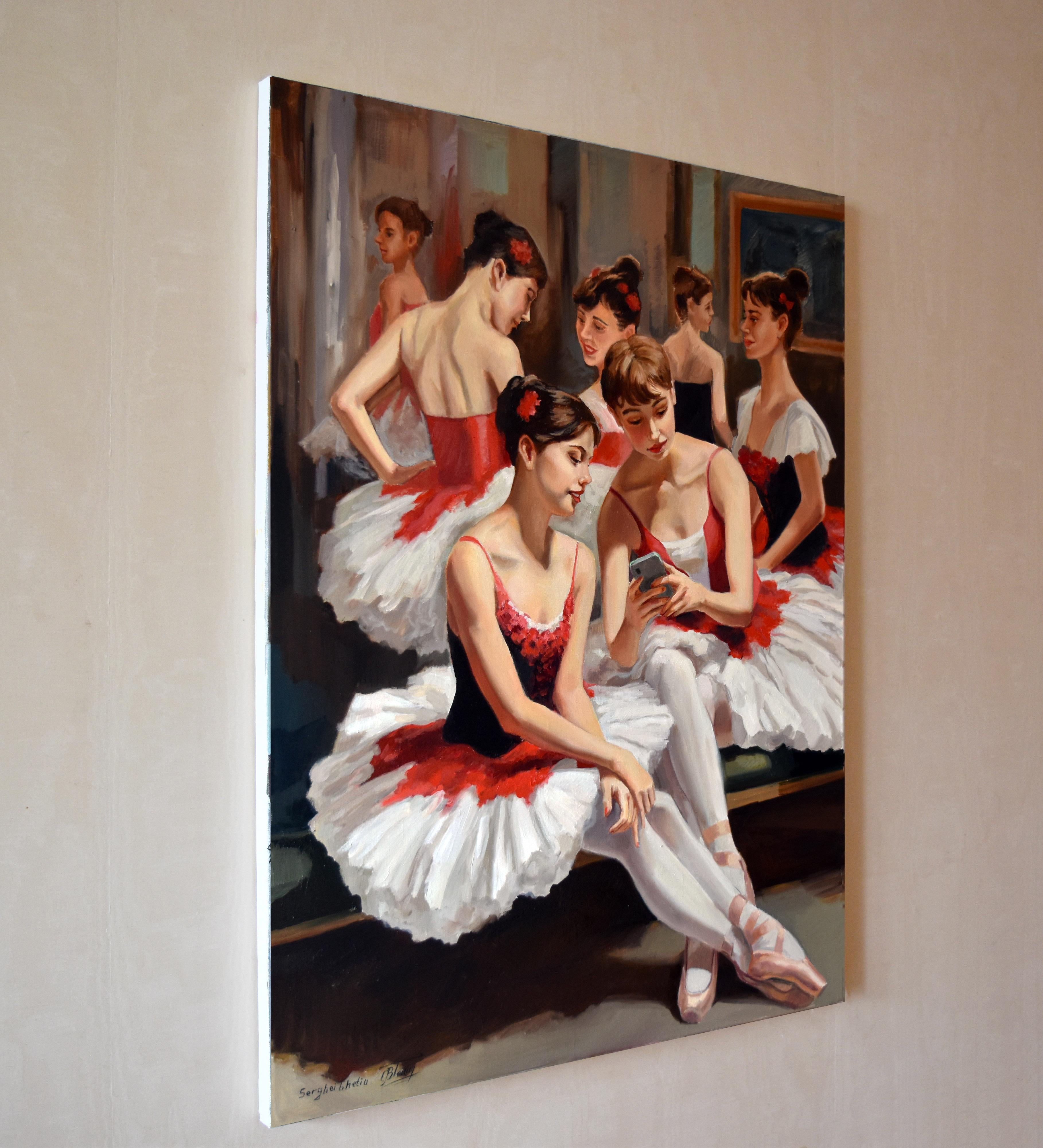 En este cuadro, capturé un momento tierno y sincero durante un descanso de la escuela de ballet: la mezcla de energía juvenil, anticipación tranquila y amistades florecientes. Las gráciles formas de las bailarinas y sus delicados tutús contrastan