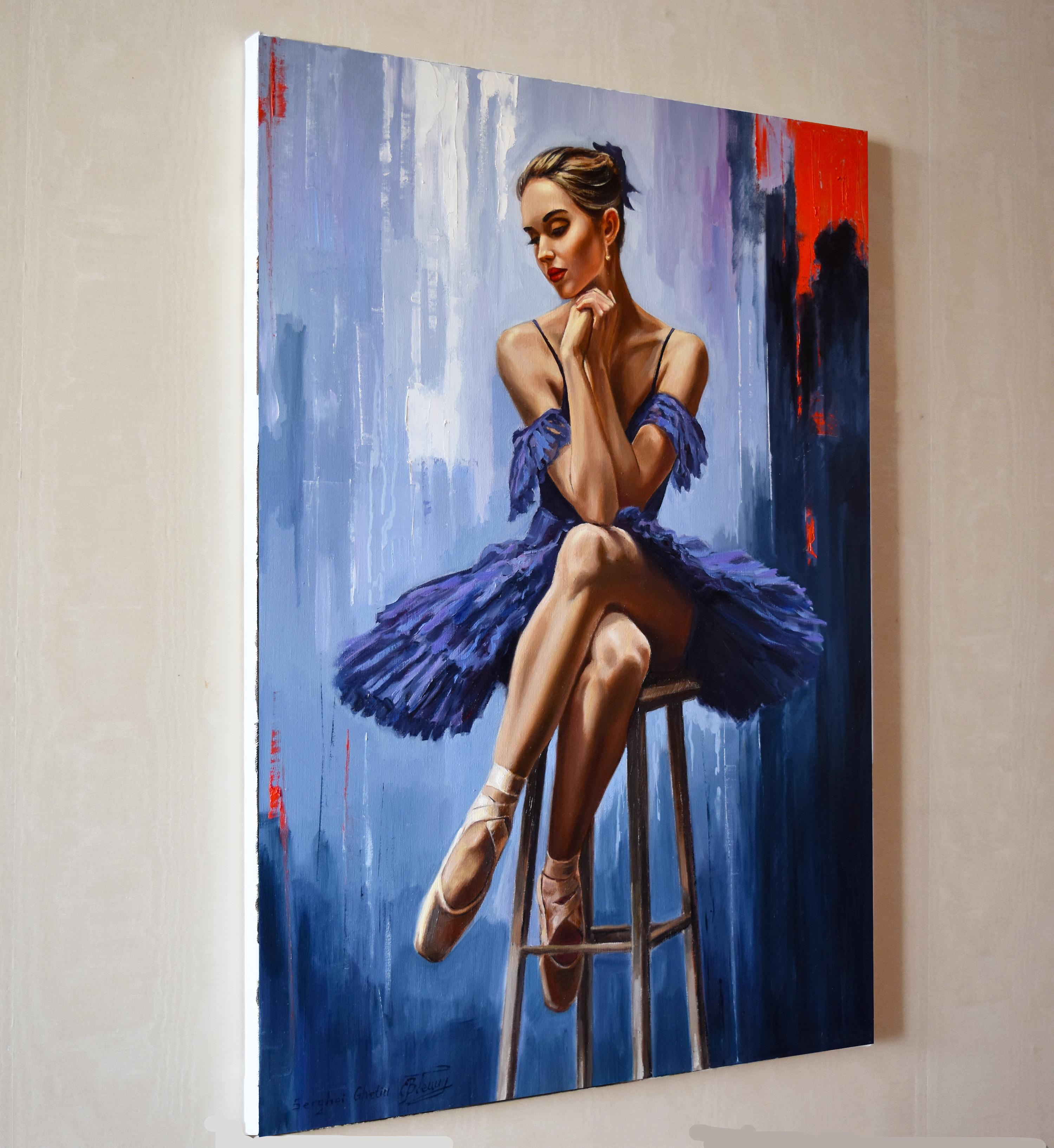 Bei der Gestaltung dieses Ölgemäldes habe ich versucht, die introspektive Schönheit und Anmut einer Balletttänzerin in Ruhe einzufangen. Die Pinselstriche vermischen Impressionismus mit Realismus und spiegeln ihre ruhige Kontemplation wider. Die