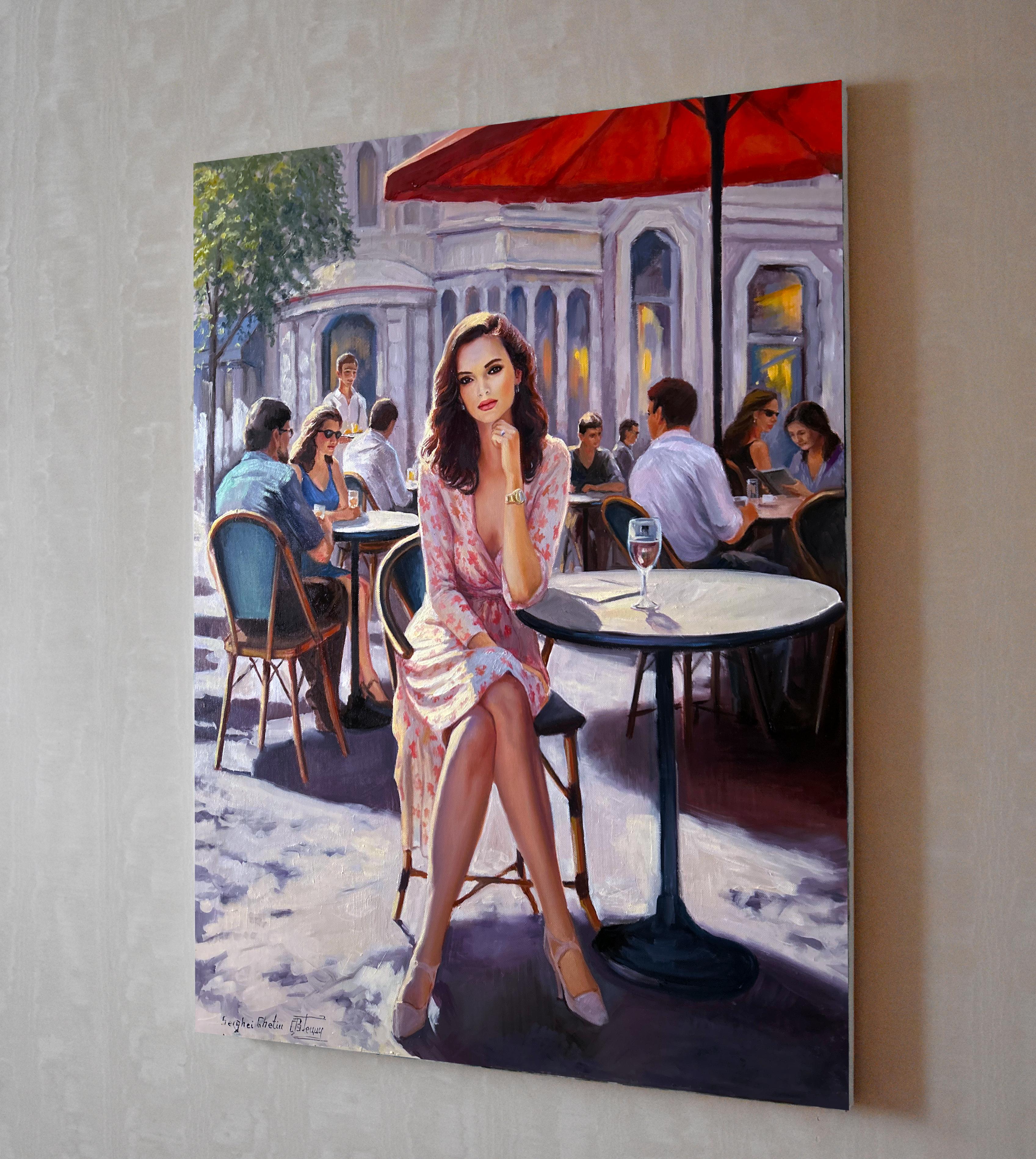 A continuation of summer café scenes, a beautiful woman is awaiting for her order. A contrasting realistic artwork with atmospheric scene for any interiors. Professional paints on linen canvas.