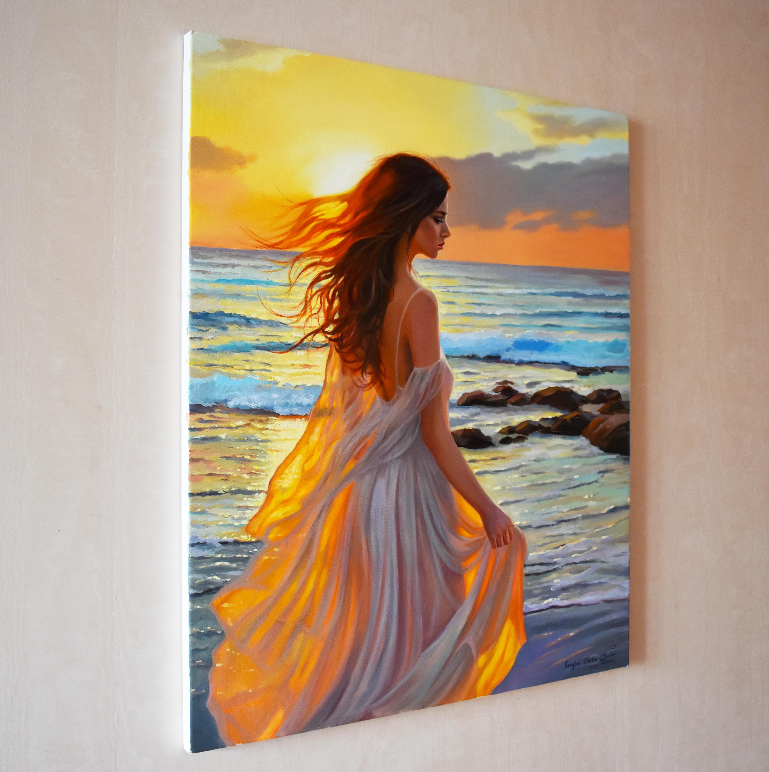 A beautiful contrasting woman portrait with a sea in the background. In this oil painting, I captured a moment of sunset and the evening light playing in the hair of a woman walking on the sea beach. The figure's flowing gown dances with the sea