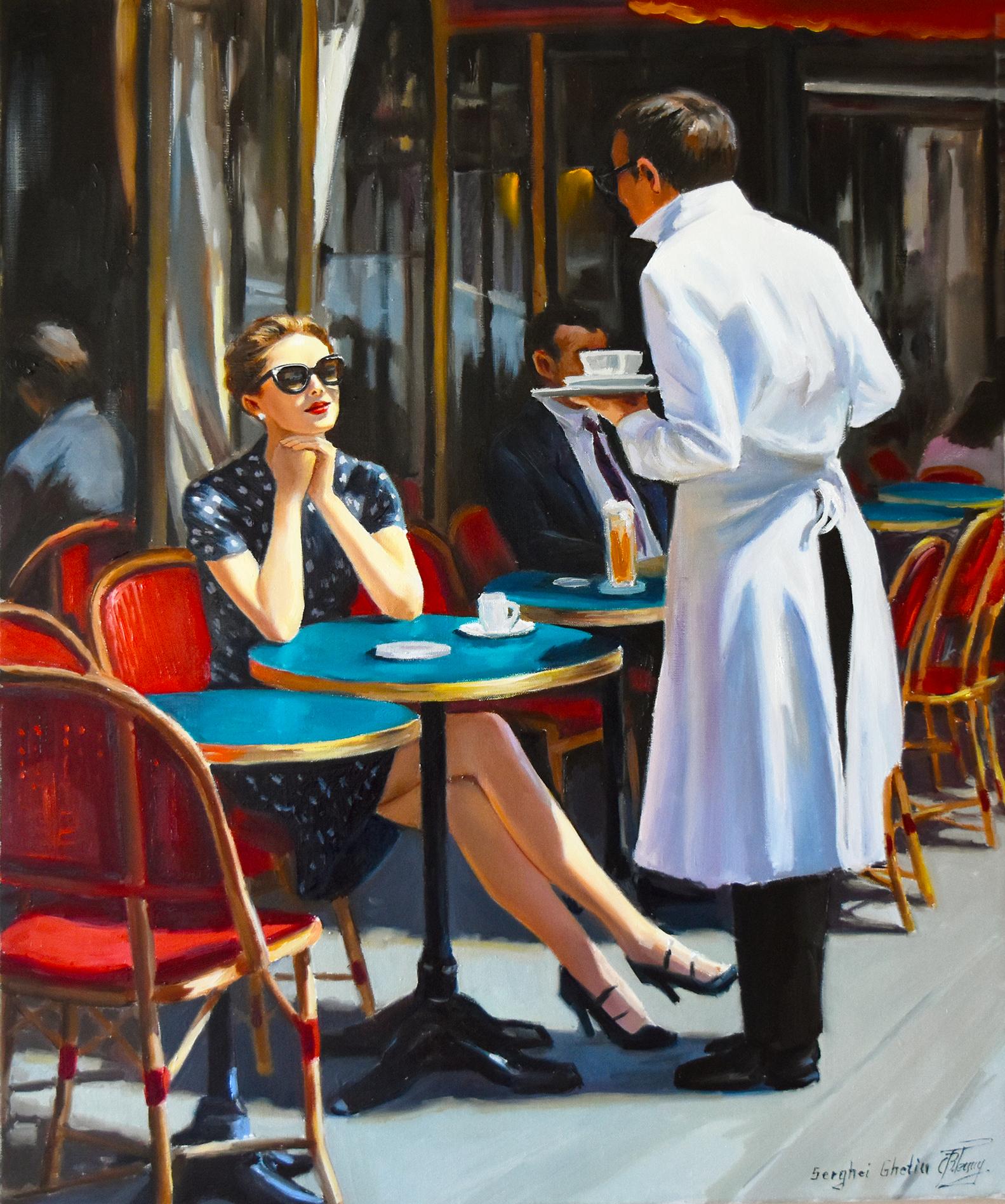 Il tuo caffè, per favore! - Figurative Painting Nero di Serghei Ghetiu