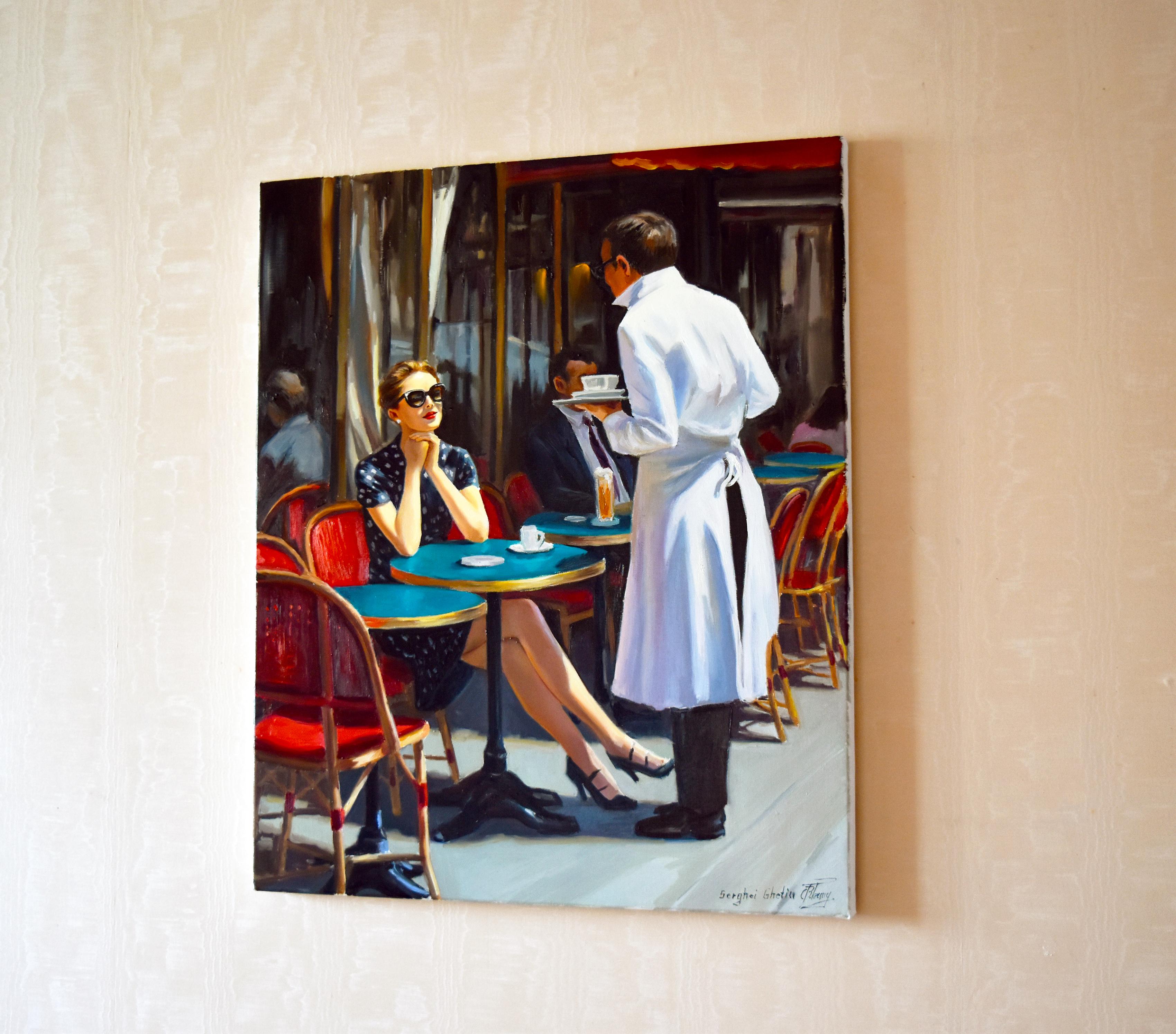 Nel mio dipinto ho catturato un momento di serena interazione urbana, utilizzando l'olio per stratificare i vividi contrasti tra luce e ombre che accentuano l'ambiente vivace del caffè. La scena è infusa di tocchi impressionistici, che danno vita