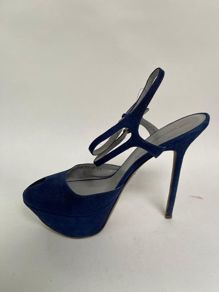 Blue textured suede peep toe, ankle strap, stiletto heel