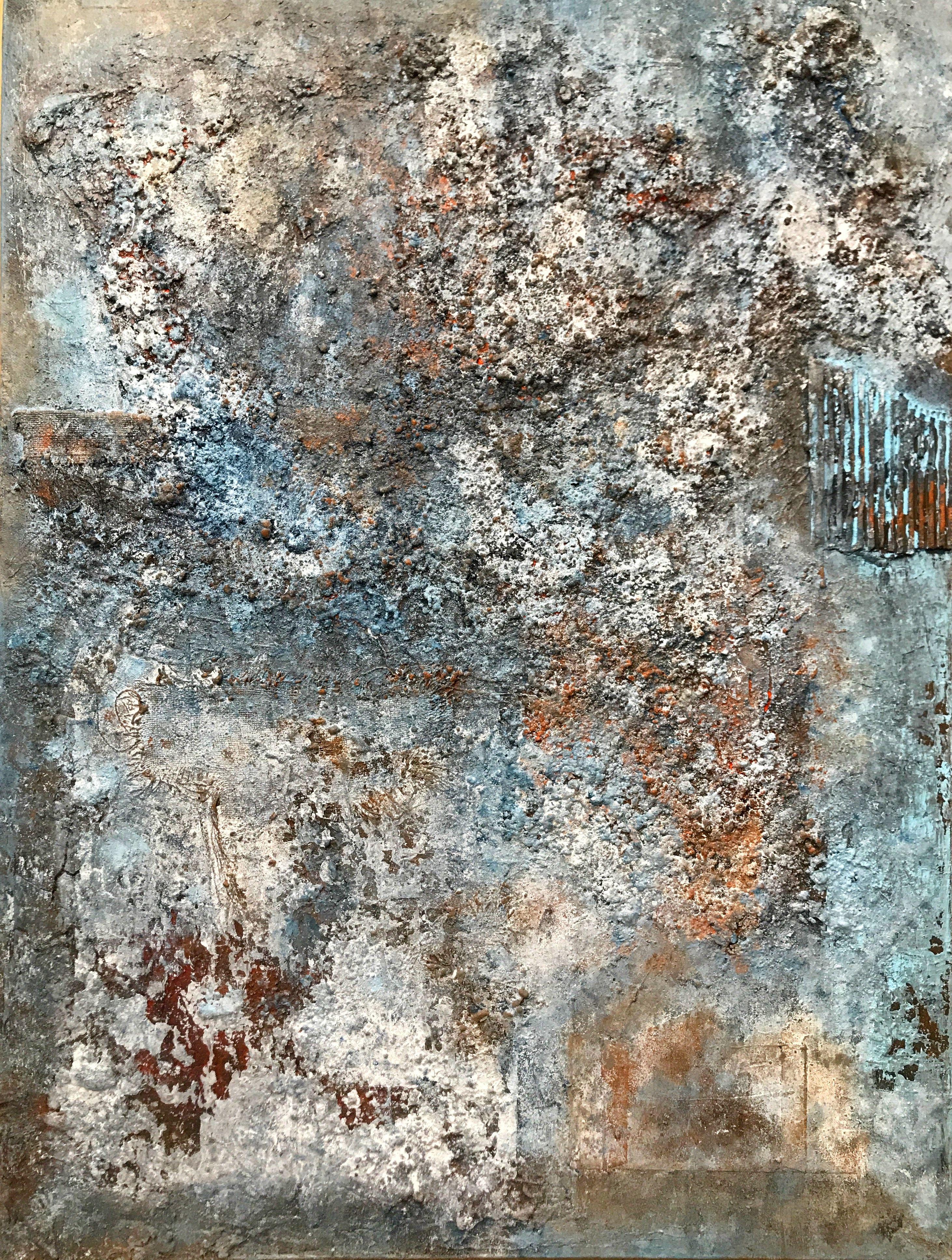 This painting, inspired on decay degradation. rust and steel. mixed media, with deep texture made with gesso, impasto, sand, cardboard, paper and acrylic paint. It will arrive and ready to hang on your wall. A signed certificate of authenticity is