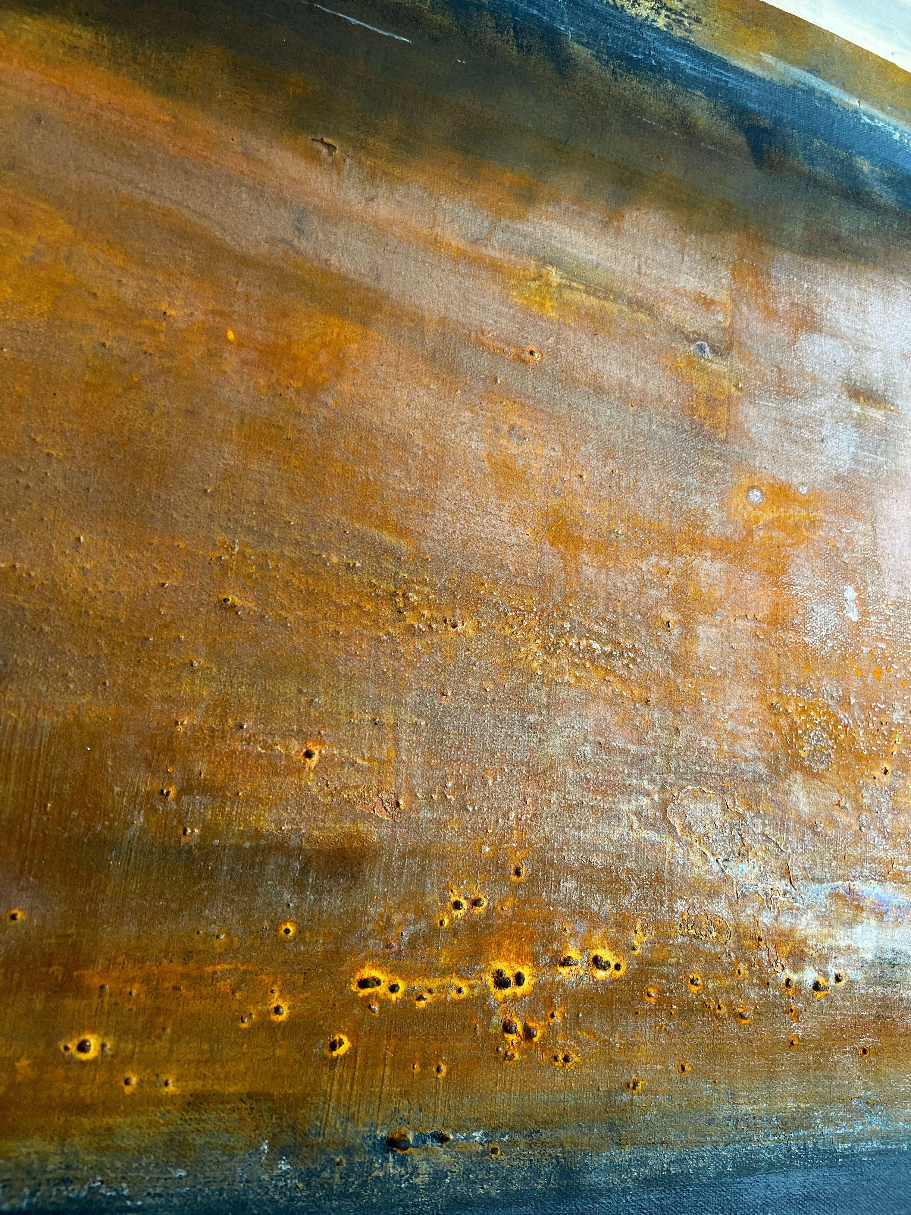 This painting, inspired on decay degradation. Steel industrial rust and minimalism. mixed media, with texture made with gesso, impasto and acrylic paint. It will arrive and ready to hang on your wall. A signed certificate of authenticity is included