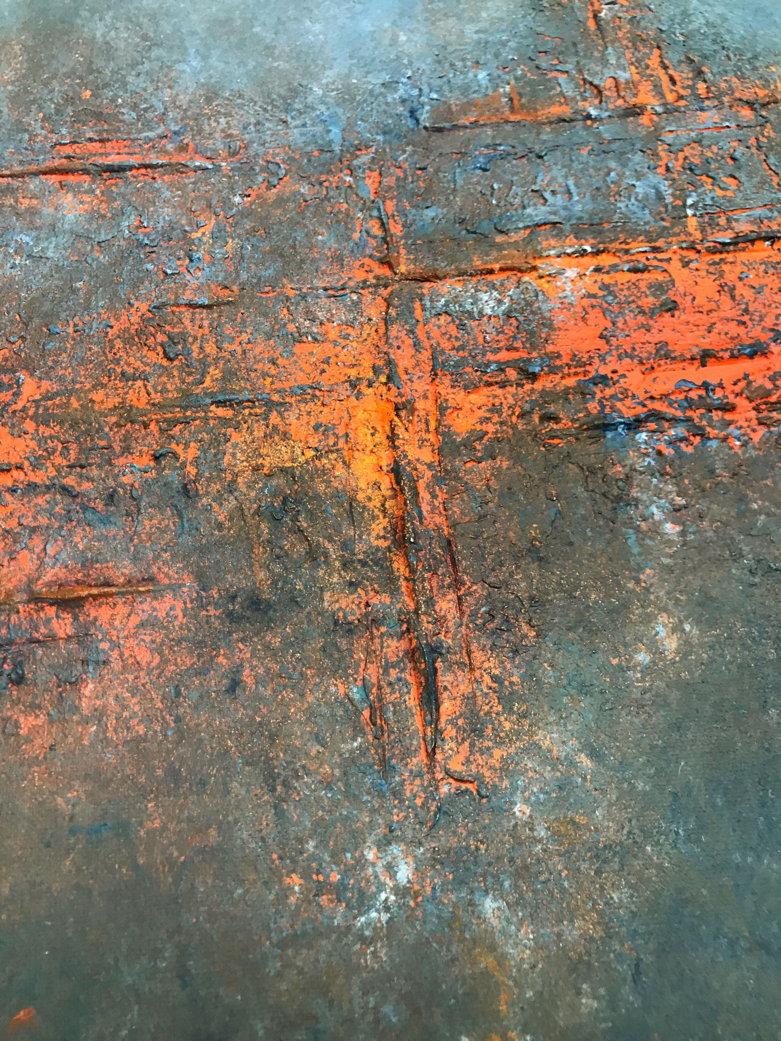 This painting, inspired on decay degradation. Steel industrial rust. mixed media, with deep texture made with gesso, sand, cardboard,  impasto and acrylic paint. It will arrive and ready to hang on your wall. A signed certificate of authenticity is