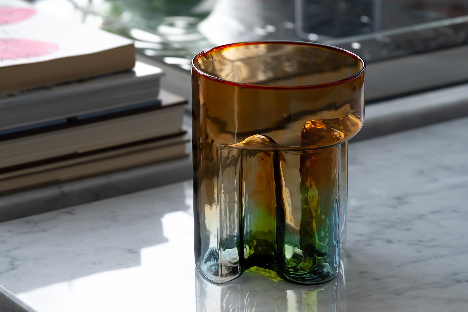 A rare and stunning multicolored carafe designed by Sergio Asti for Murano glassworks VeArt in 1975. The intensely-colored 