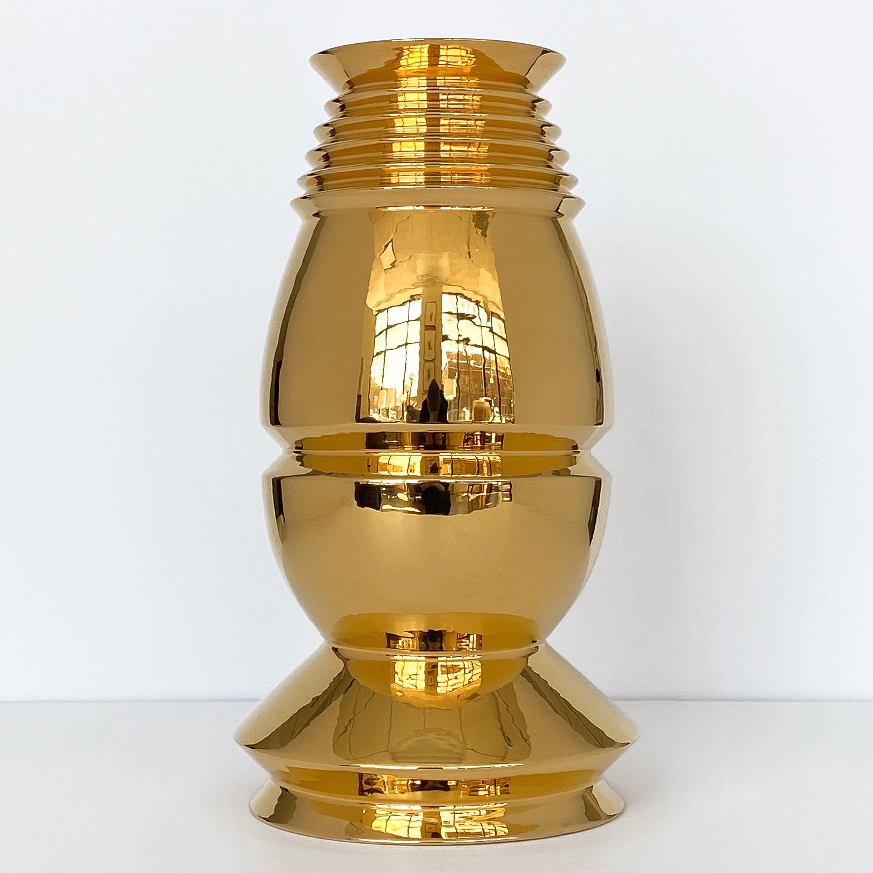Metallic gold glazed model BKK ceramic vase from the collection Toky 1980 designed by Sergio Asti and produced by Superego Editions, circa 2006. Limited edition of 50 copies. Signed and numbered. This example is number 11 from the edition of 50.