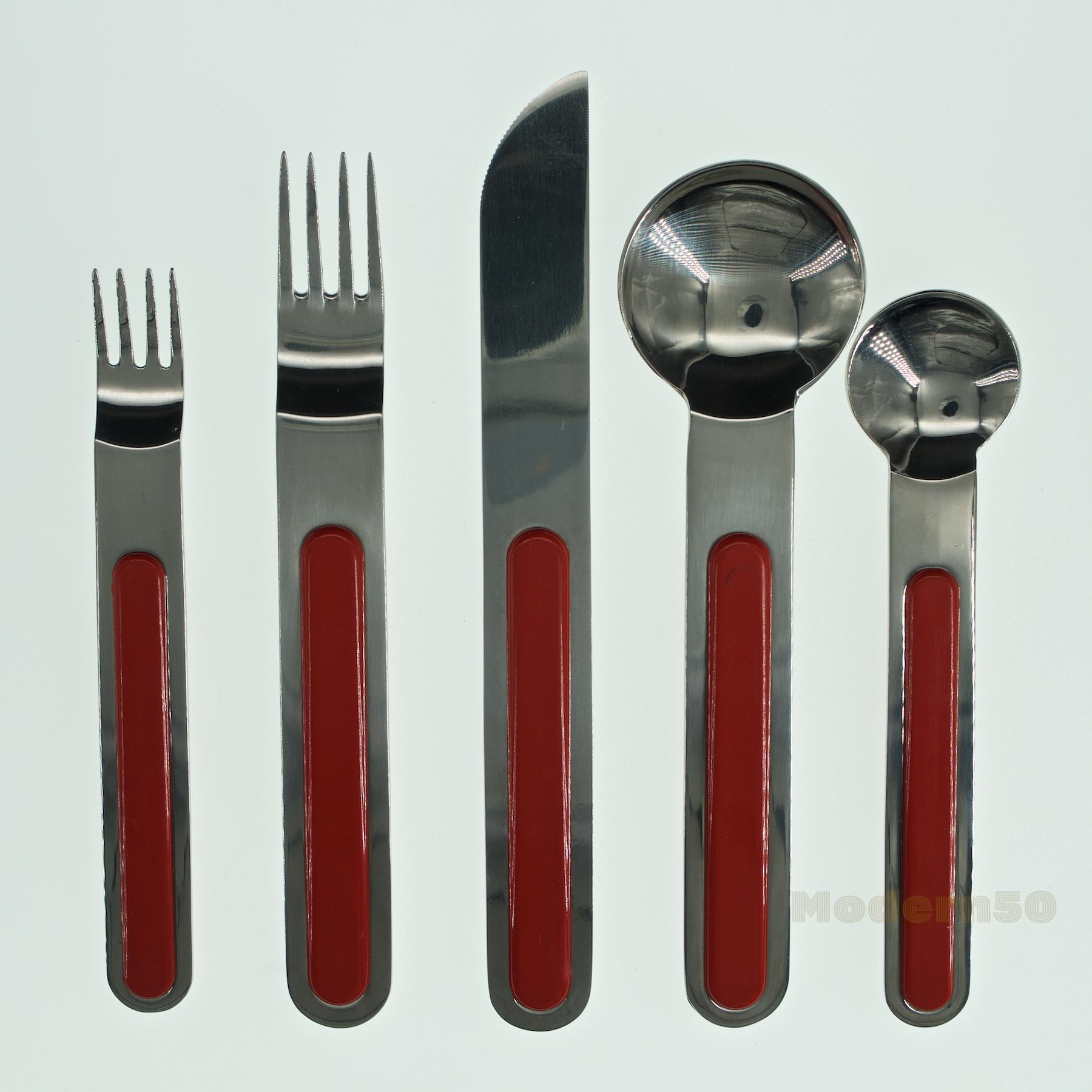 12 sets are available. One set includes; Dinner fork (7 in.,) Dessert/Salad fork (6 in.,) Soup/Table spoon (each measures (7 in.,) Teaspoon (6 in.,) and Dinner knife (7.75 in.) 

Wonderful design, nice functionality. Designed by Sergio Asti in