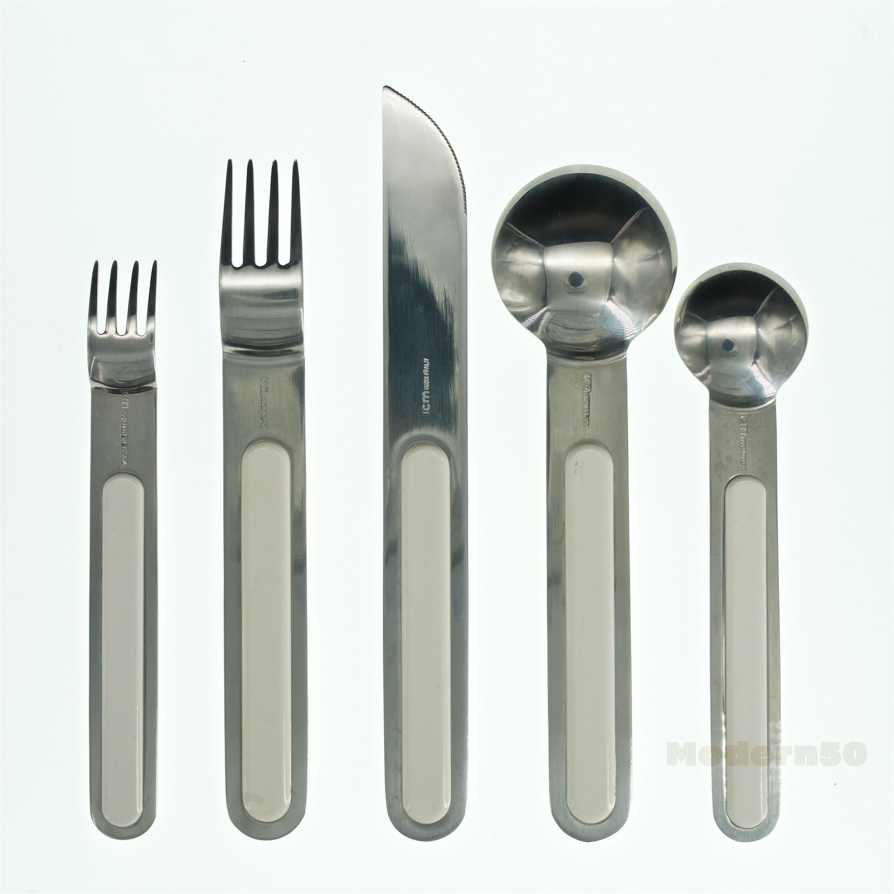 6 sets are available. One set includes; Dinner fork (7 in.,) Dessert/Salad fork (6 in.,) Soup/Table spoon (each measures (7 in.,) Teaspoon (6 in.,) and dinner knife (7.75 in.) 

Wonderful design, nice functionality. Designed by Sergio Asti in 1976
