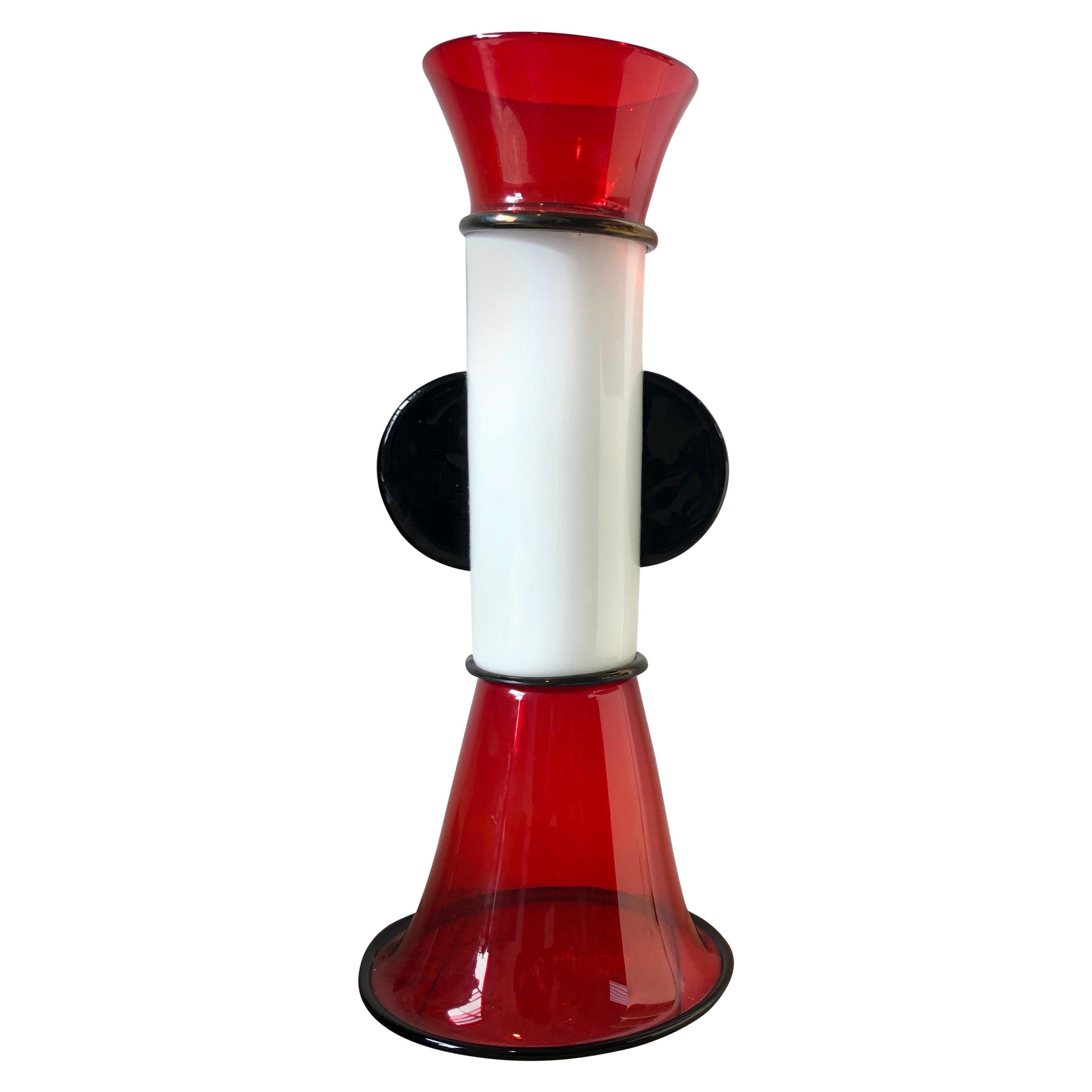 Sergio Asti White Lattimo Red and Black 'Bidogale' Glass Vase for Vistosi, 1980s For Sale