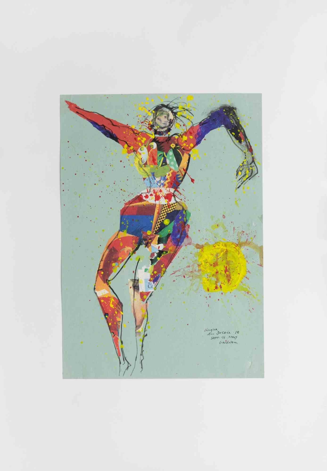 Firmado a mano. Técnica mixta y collage sobre cartón. Passepartout incluido. 

Esta obra pertenece a la serie "Cirque du Soleil" que el artista italiano Sergio Barletta dedicó a la compañía canadiense de espectáculos famosa en todo el mundo. Los