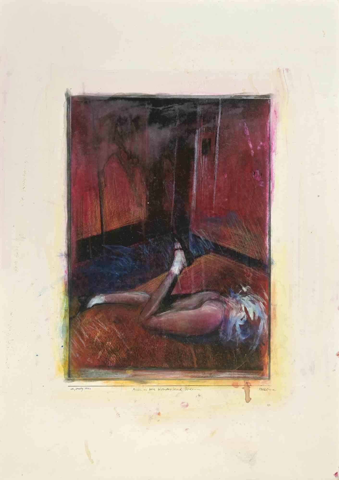 Alice im Wunderland-Schlafzimmer ist ein  Gemälde, das 1992 von Sergio Barletta geschaffen wurde.

Tempera und Bleiweiß auf Karton.

Handsigniert, betitelt und datiert am unteren Rand

Guter Zustand mit Stockflecken.

Sergio Barletta (1934) ist ein