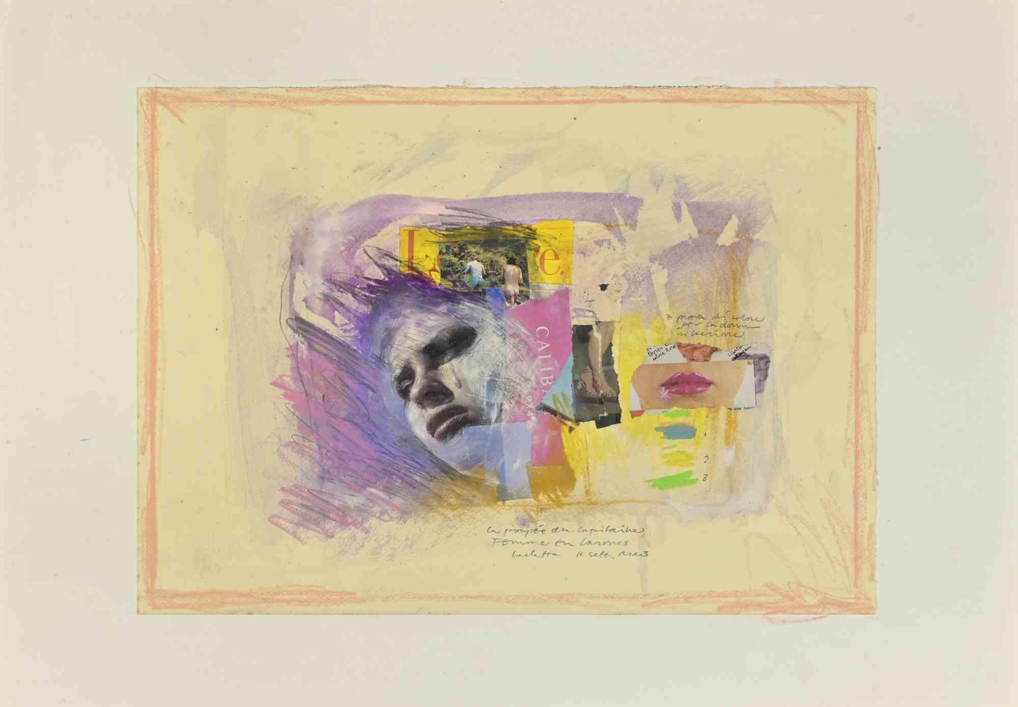 Femme en Larmes is a mixed media artwork, realized by Sergio Barletta in 1993.

Pastel, Watercolor, and Collage on cardboard, applied on a white passepartout. 50x 70 cm.

Hand-signed on the lower margin. 

Good conditions.

Sergio Barletta (1934) is
