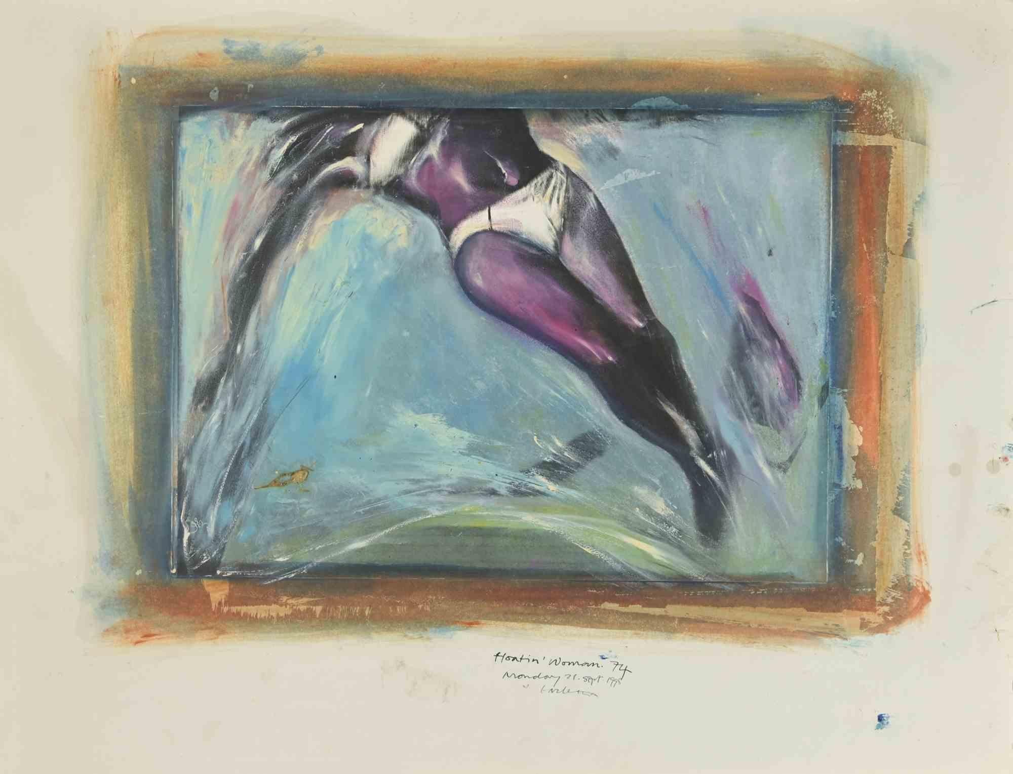 Floating Woman is a  painting artwork, realized by Sergio Barletta in 1974.

Tempera and white lead on cardboard.

Hand-signed on the lower margin. 

Good conditions with foxing on the margins.

Sergio Barletta (1934) is an Italian cartoonist and