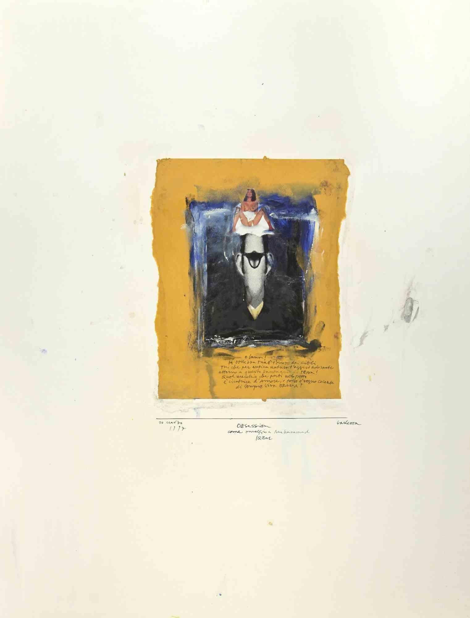 Obsession is a  painting artwork, realized by Sergio Barletta in 1997.

Tempera, Collage, and Watercolor on Cardboard

Hand-signed, titled, and dated on the lower margin. 

Good conditions with some foxing.

Sergio Barletta (1934) is an Italian