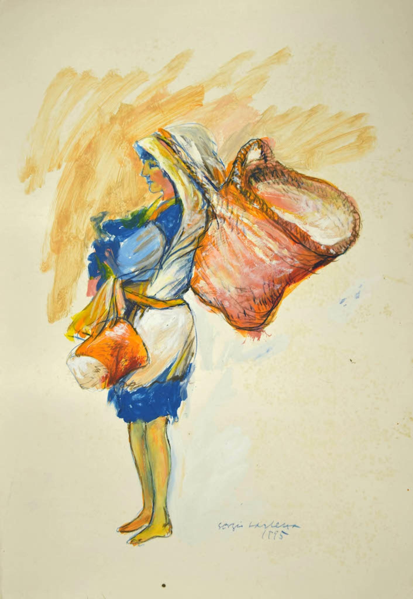 Femme aux paniers est une peinture originale en techniques mixtes - encre, tempera et aquarelle - réalisée par Sergio Barletta en 1995.

Signé à la main et daté en bas à droite.

En bon état à l'exception de quelques plis et d'un morceau de papier