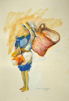 Retro Woman With Baskets - Original Mixed Media by Sergio Barletta - 1995