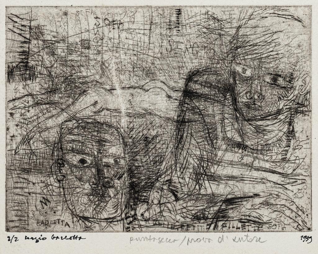 Figures is an original etching, realized by Sergio Barletta in 1959.

Hand-signed.

numbered 2/2.

In good condition. 

Here the artwork represents several figures in different positions depicted with confident and precise strokes in a well-balanced