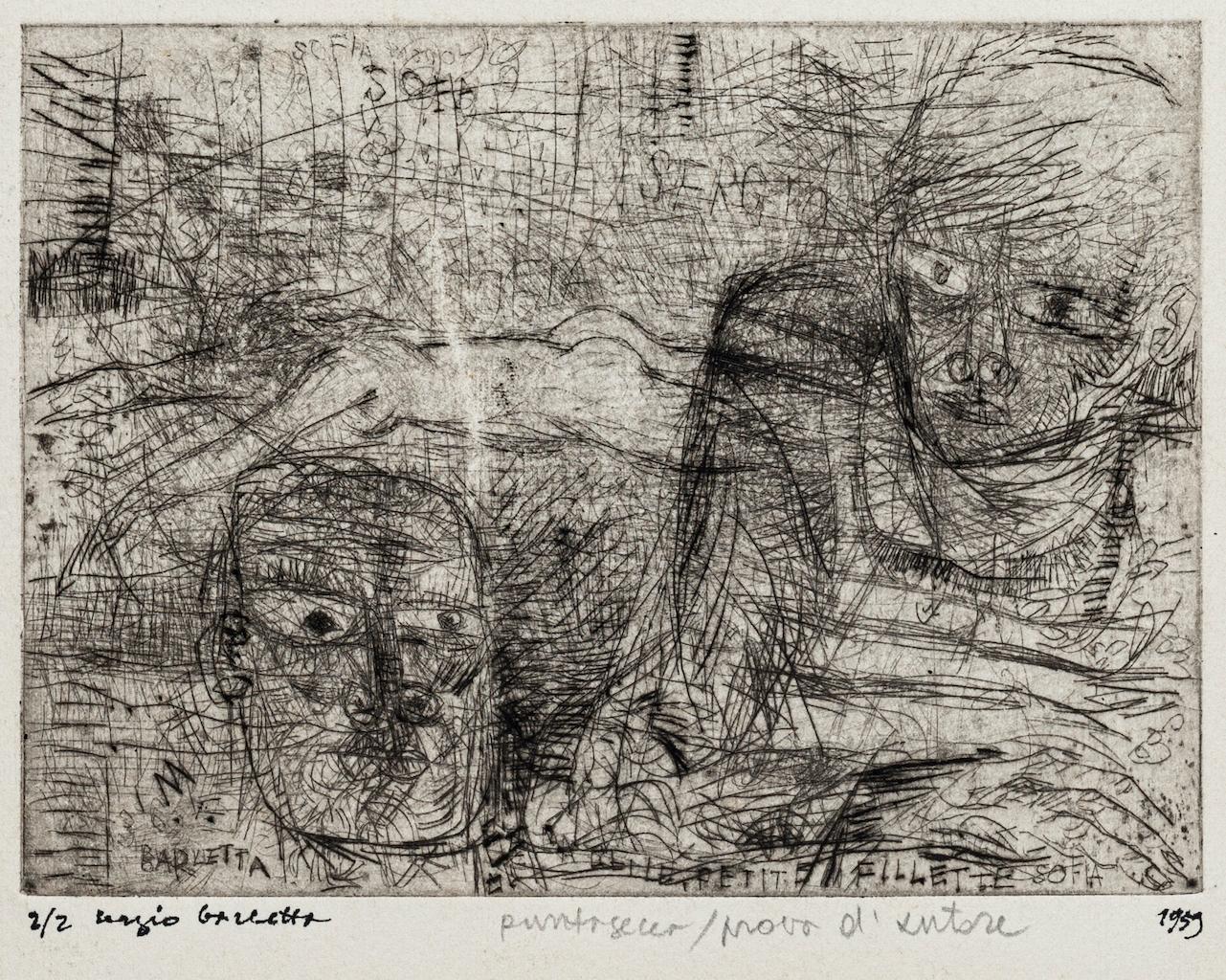 Figures is an original etching, realized by Sergio Barletta in 1959.

Hand-signed.

Numbered 2/2.

In good condition. 

Included a Passepartout: 34 x 49 cm.

Here the artwork represents several figures in different positions depicted with confident