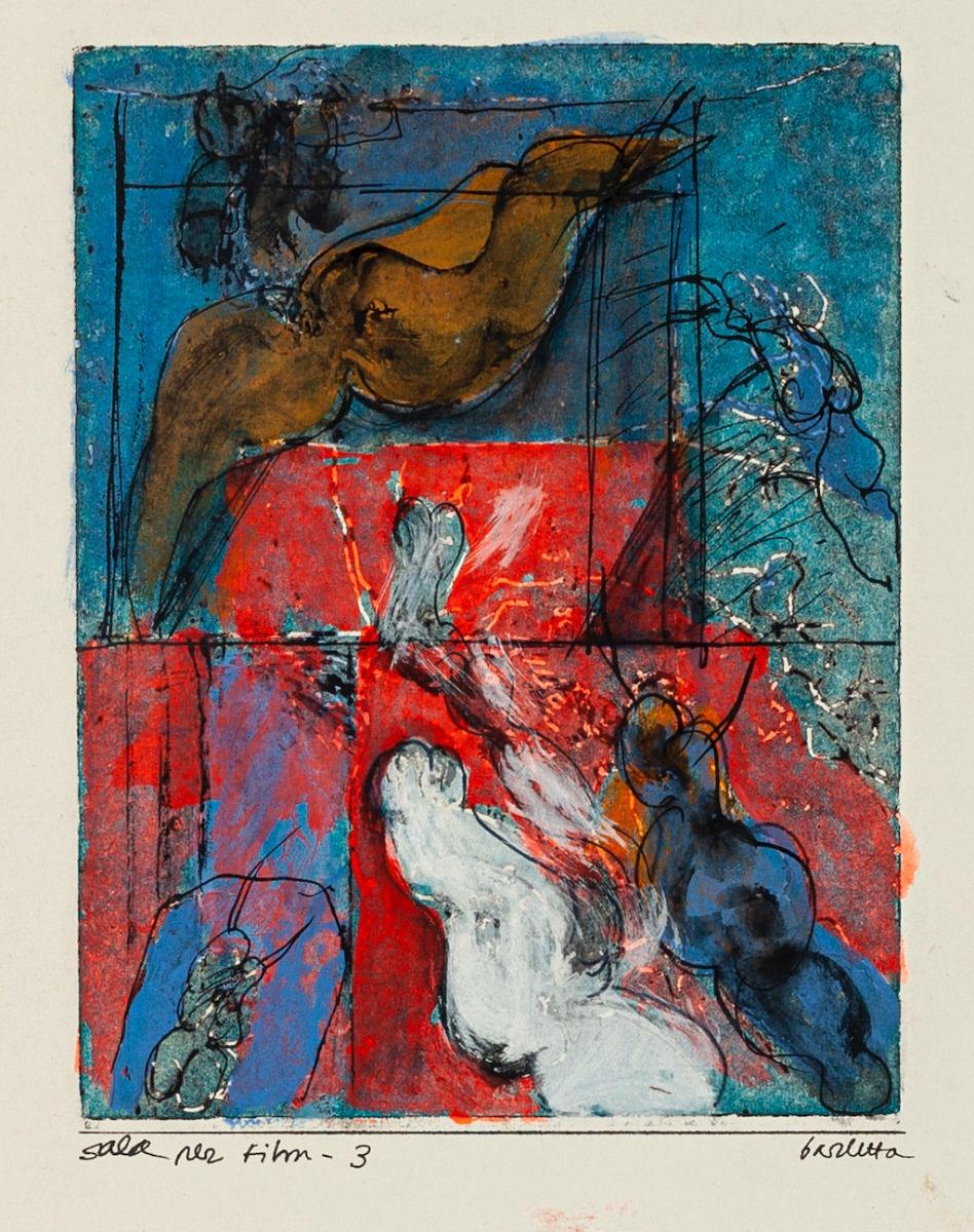 Film room 3 is an original etching, realized by Sergio Barletta. 

Signed lower right.

In good condition. 

Here the artwork represents a cinematic illusion with confident and precise strokes in the reddish and blueish background created skillfully
