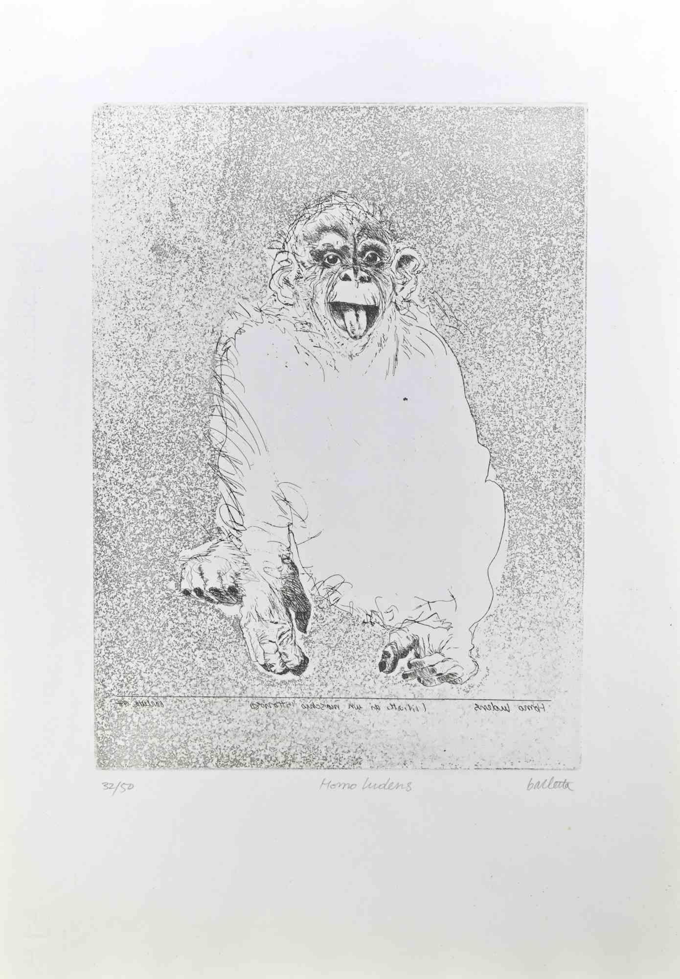 Homo Ludens  ist eine Ätzung, die von  Sergio Barletta im Jahr 1991.

Handsigniert  unten rechts mit Bleistift und unten in der Mitte betitelt "Homo Ludens". Links unten nummeriert, aus einer Auflage von 50 Exemplaren.

Gute Bedingungen.

Sergio