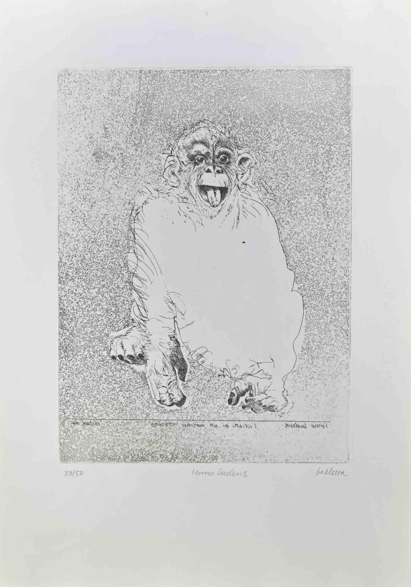 Homo Ludens  is an etching realized by  Sergio Barletta in 1991.

Hand-signed  lower right in pencil, and titled lower center "Homo Ludens". Numbered lower left, from the edition of 50 prints.

Good conditions.

Sergio Barletta (1934) is an Italian
